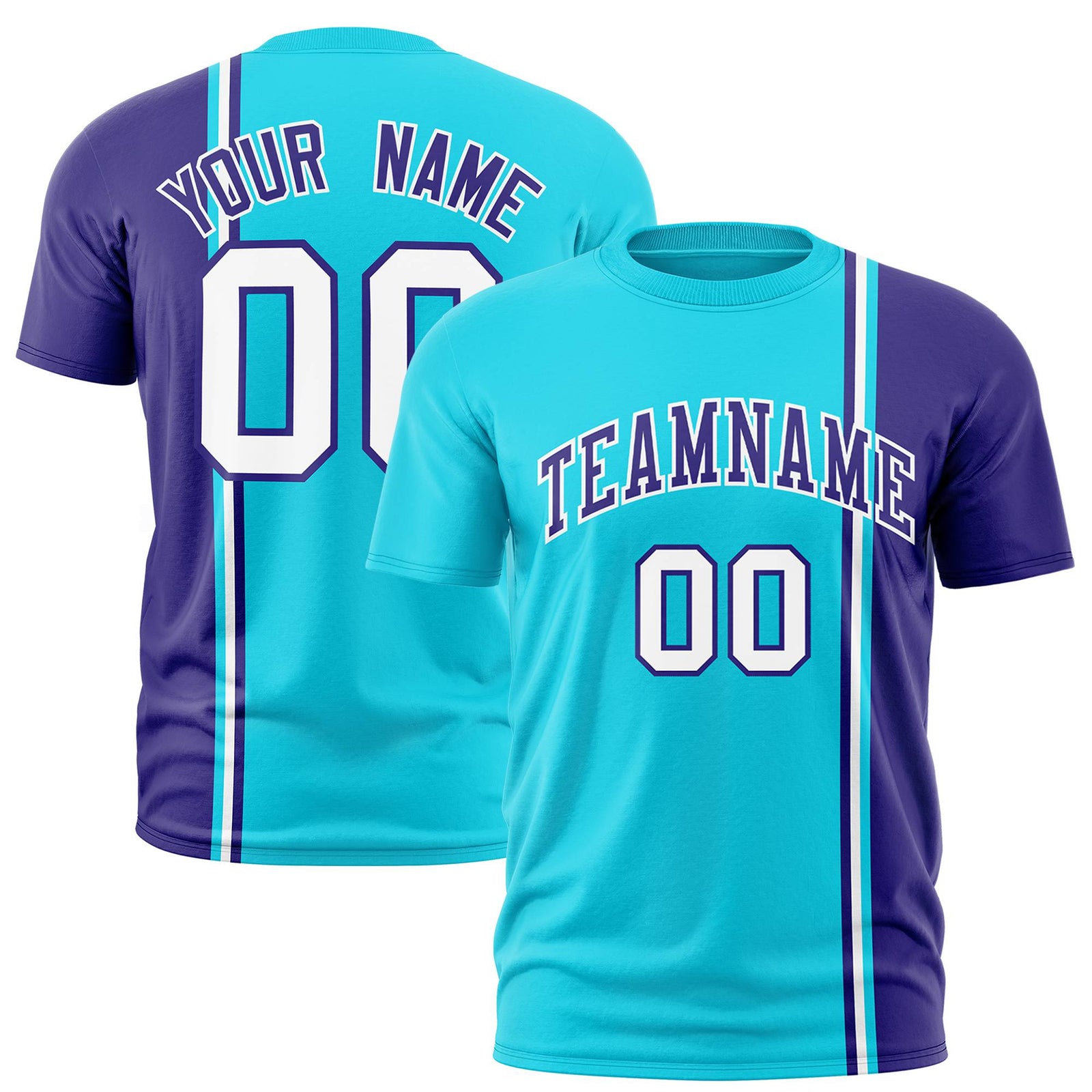 Custom Sky Blue Purple-White Crew neck Color Contrast Design T-Shirts