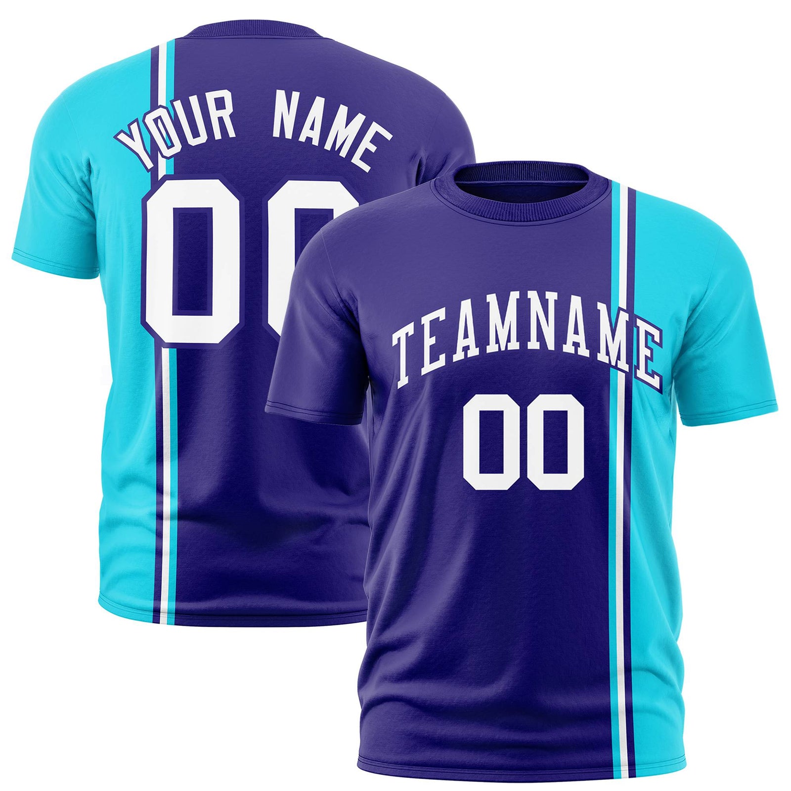 Custom Purple Sky Blue-White Crew neck Color Contrast Design T-Shirts