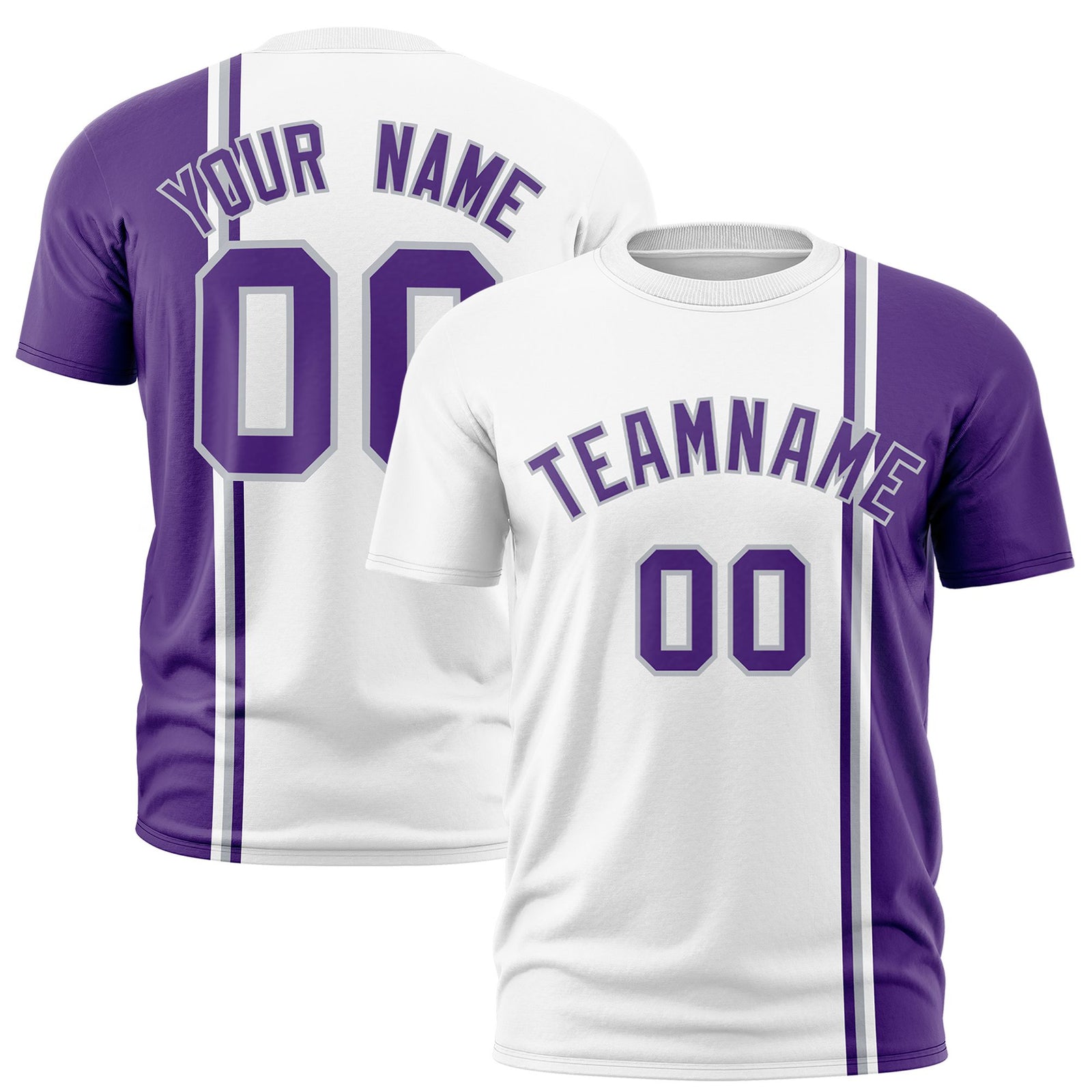 Custom White Purple-Gray Crew neck Color Contrast Design T-Shirts