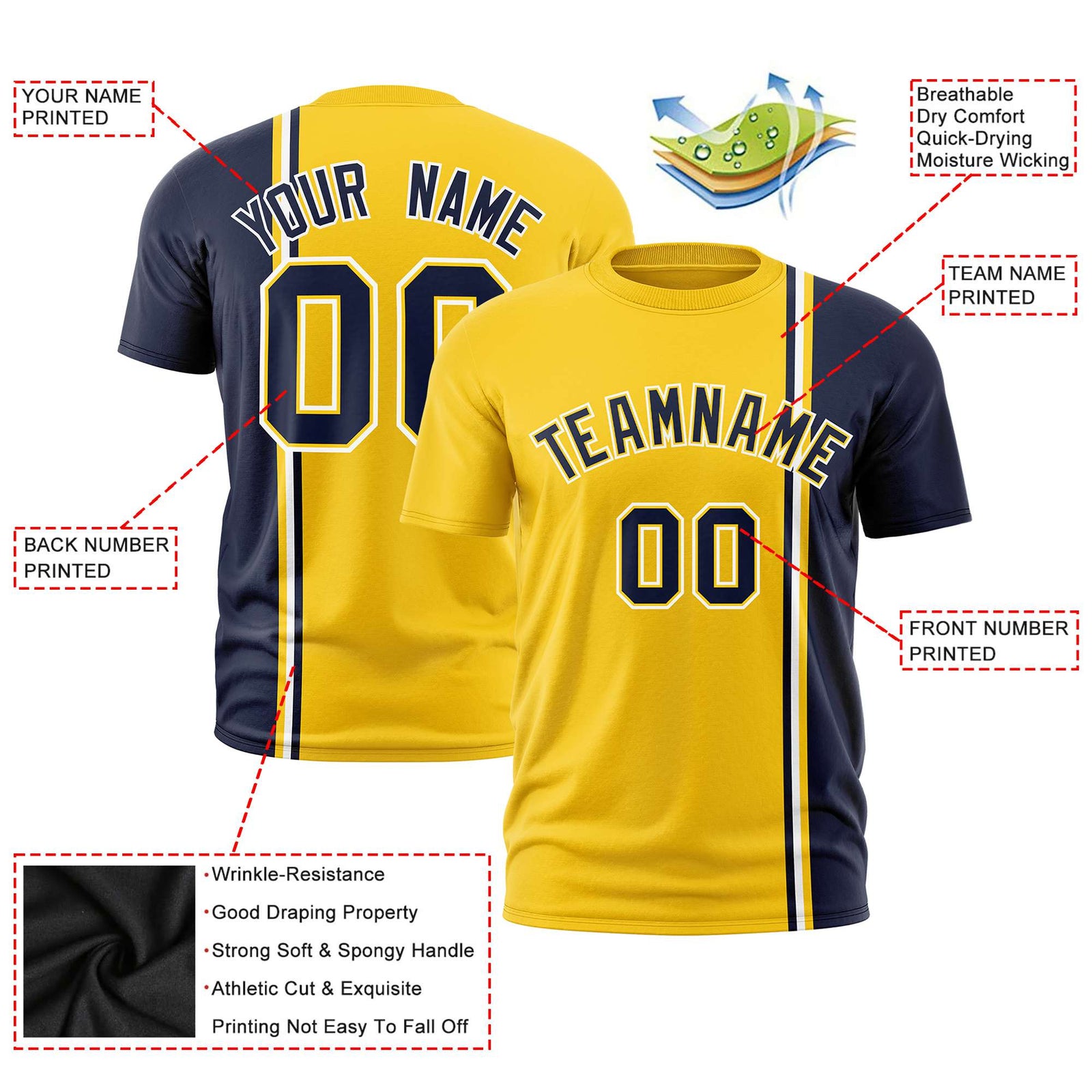 Custom Gold-01 Navy-White Crew neck Color Contrast Design T-Shirts