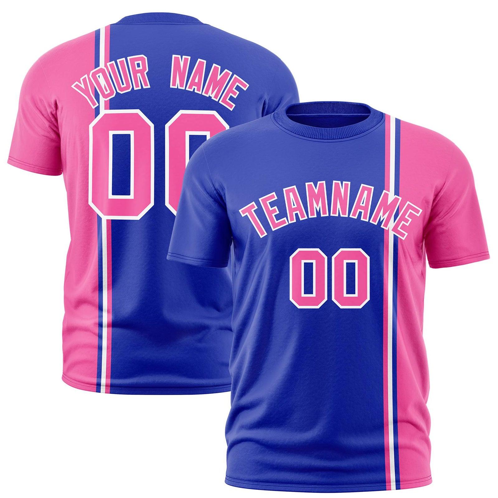 Custom Royal Blue Pink-White Crew neck Color Contrast Design T-Shirts