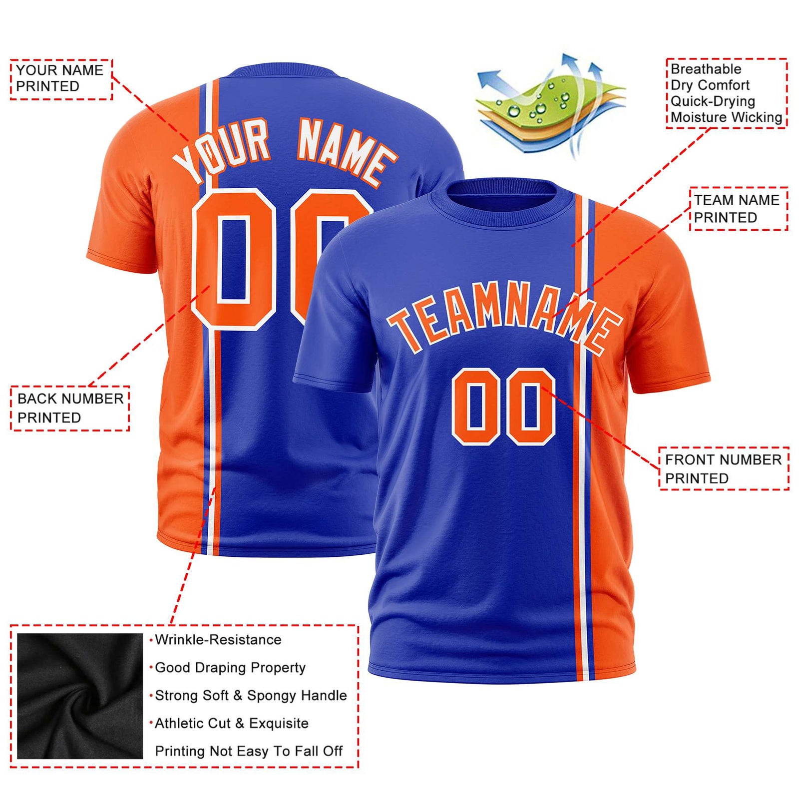 Custom Royal Blue Orange-White Crew neck Color Contrast Design T-Shirts