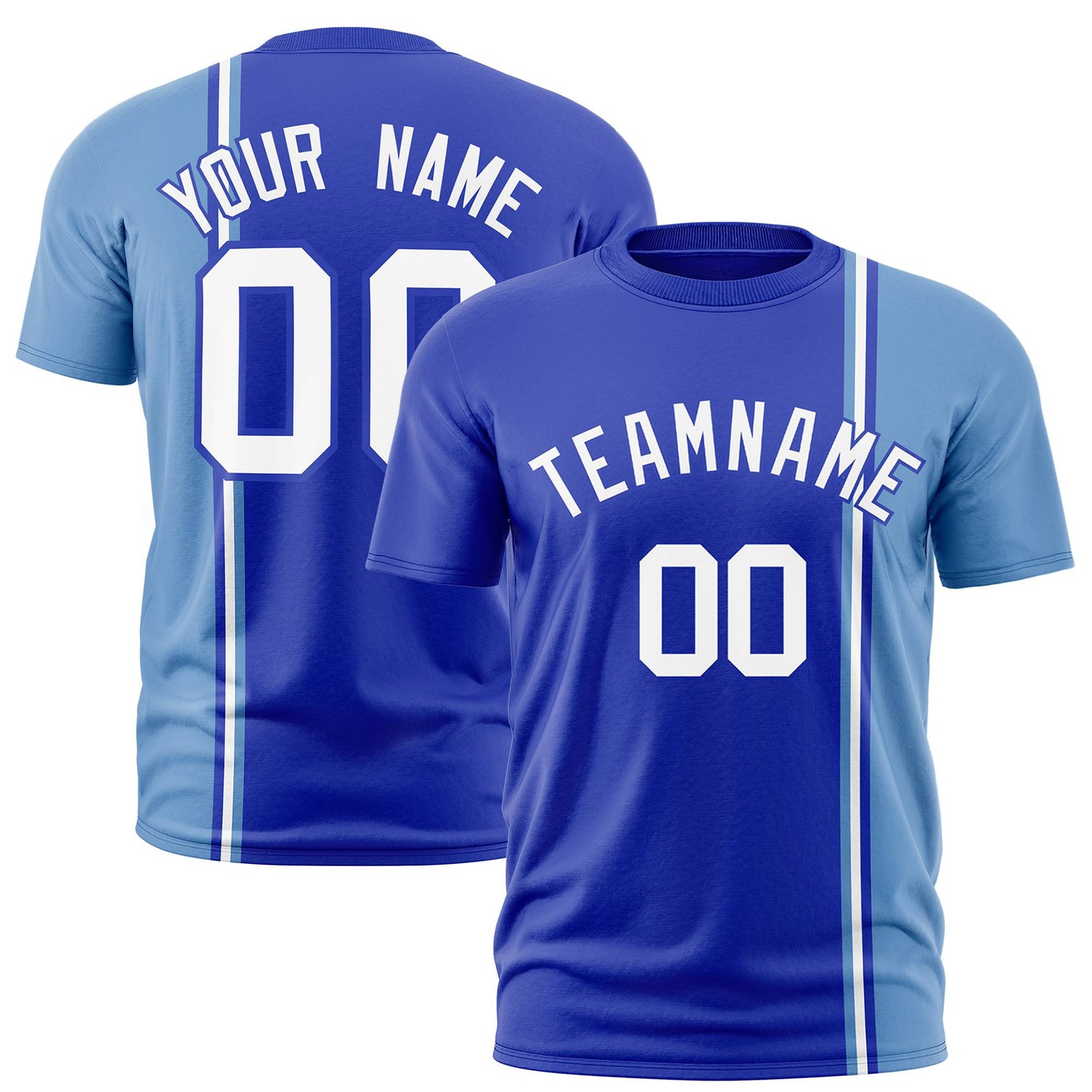 Custom Royal Blue Powder Blue-White Crew neck Color Contrast Design T-Shirts