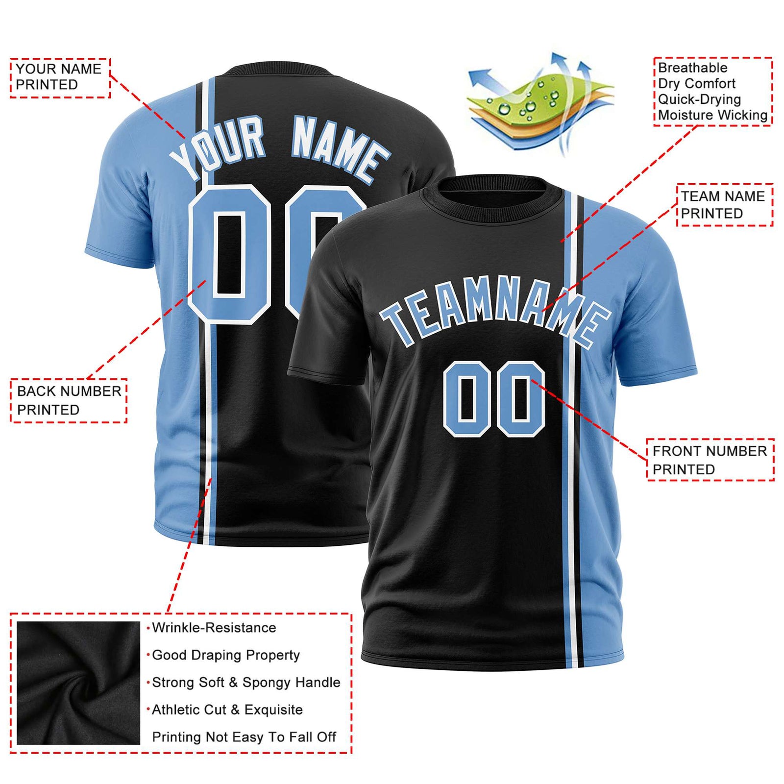 Custom Black Powder Blue-White Crew neck Color Contrast Design T-Shirts