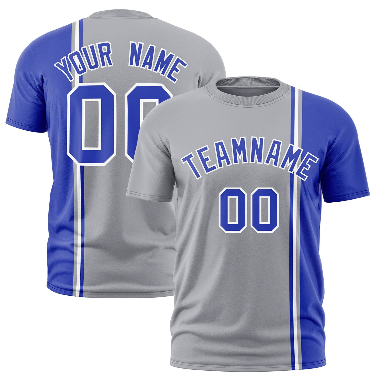 Custom Gray Royal Blue-White Crew neck Color Contrast Design T-Shirts