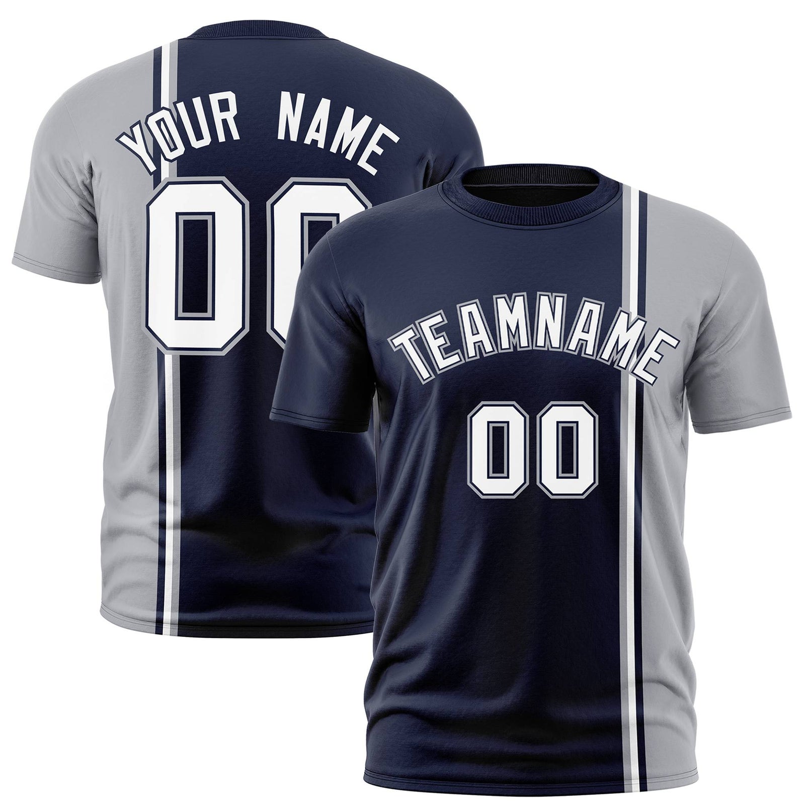 Custom Navy Gray-White Crew neck Color Contrast Design T-Shirts