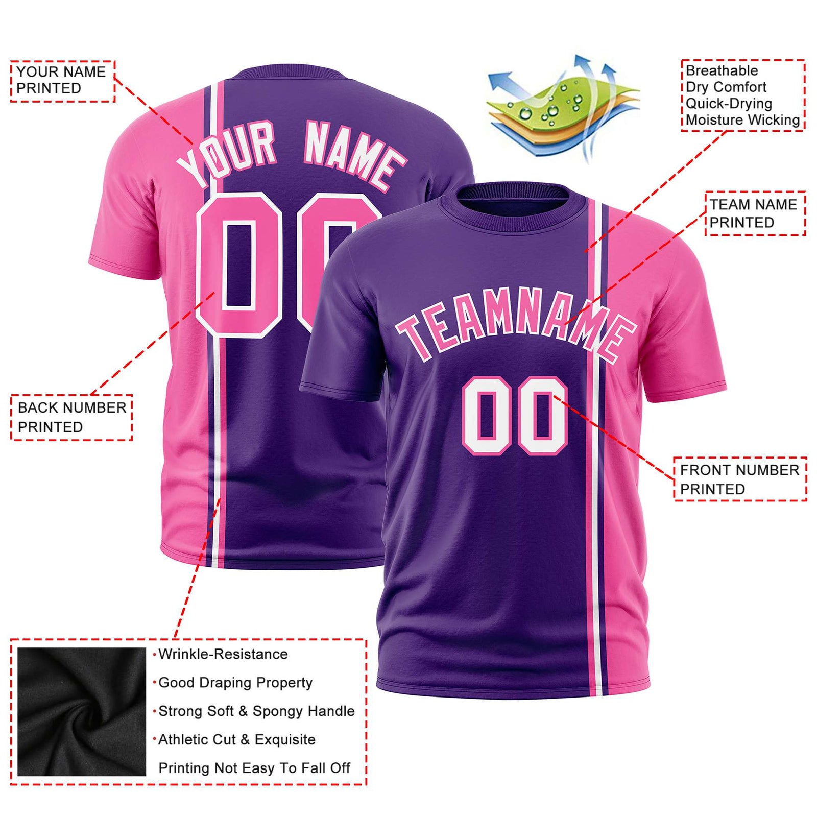 Custom Purple Pink-White Crew neck Color Contrast Design T-Shirts