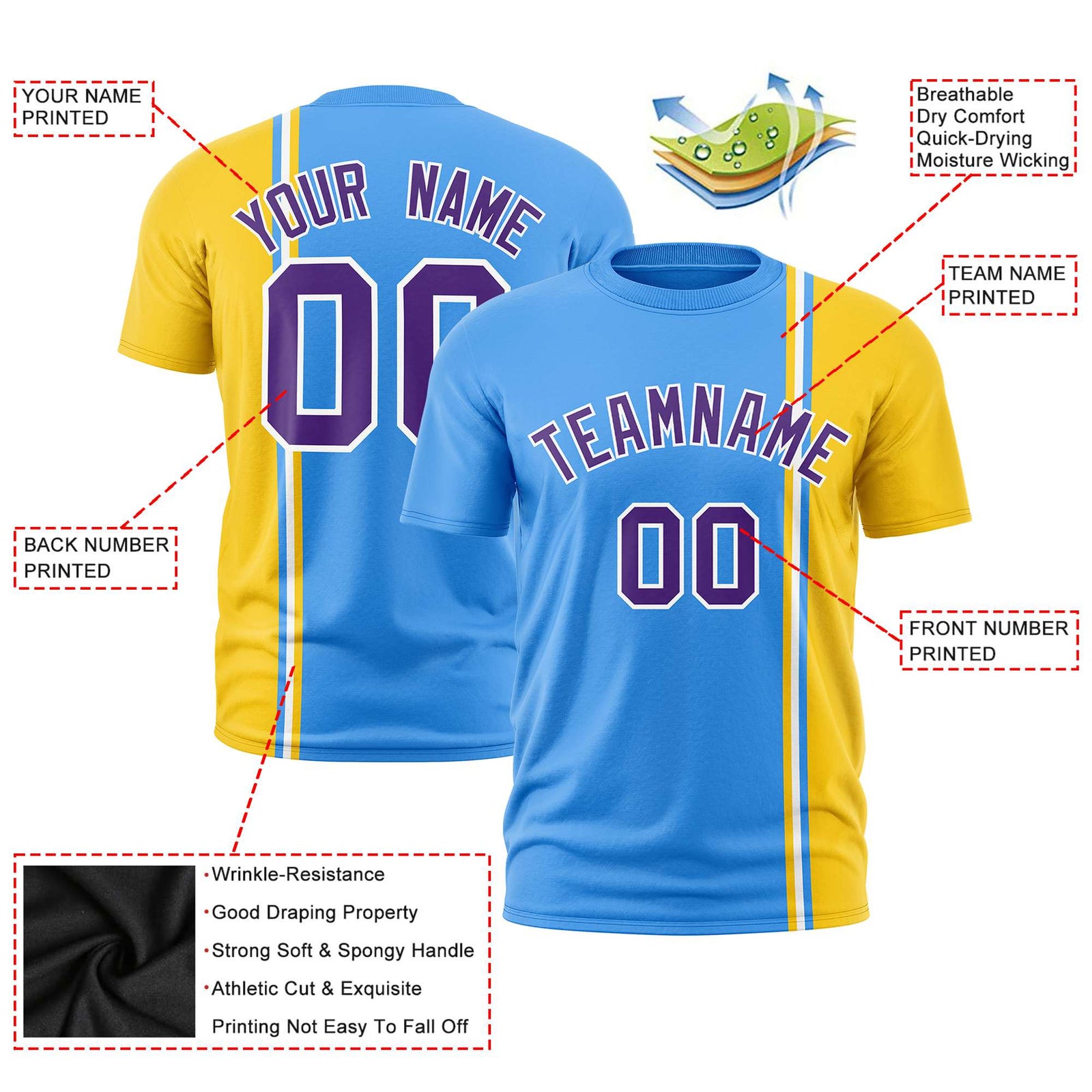 Custom Powder Blue Gold-01 White Crew neck Color Contrast Design T-Shirts