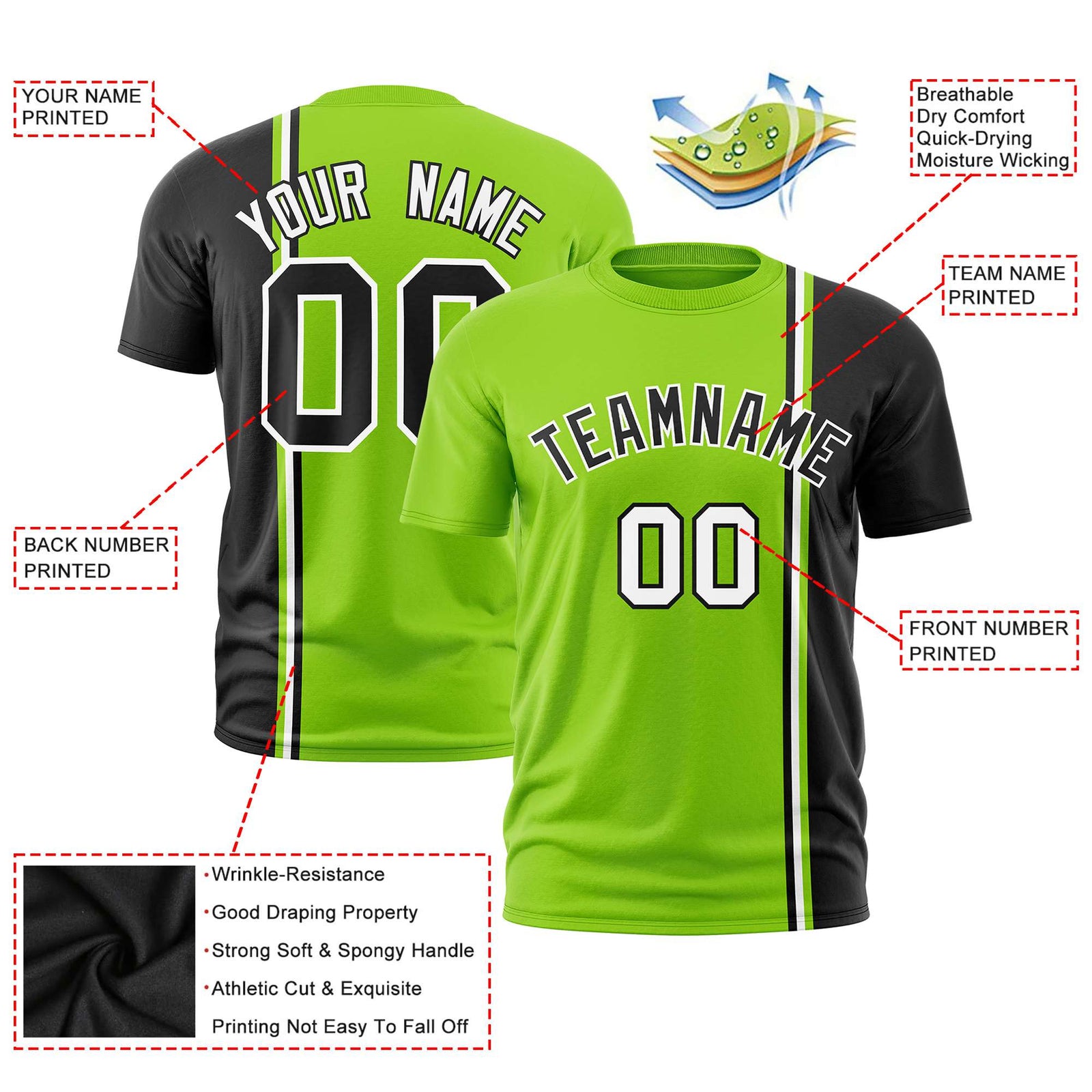 Custom Neon Green Black-White Crew neck Color Contrast Design T-Shirts