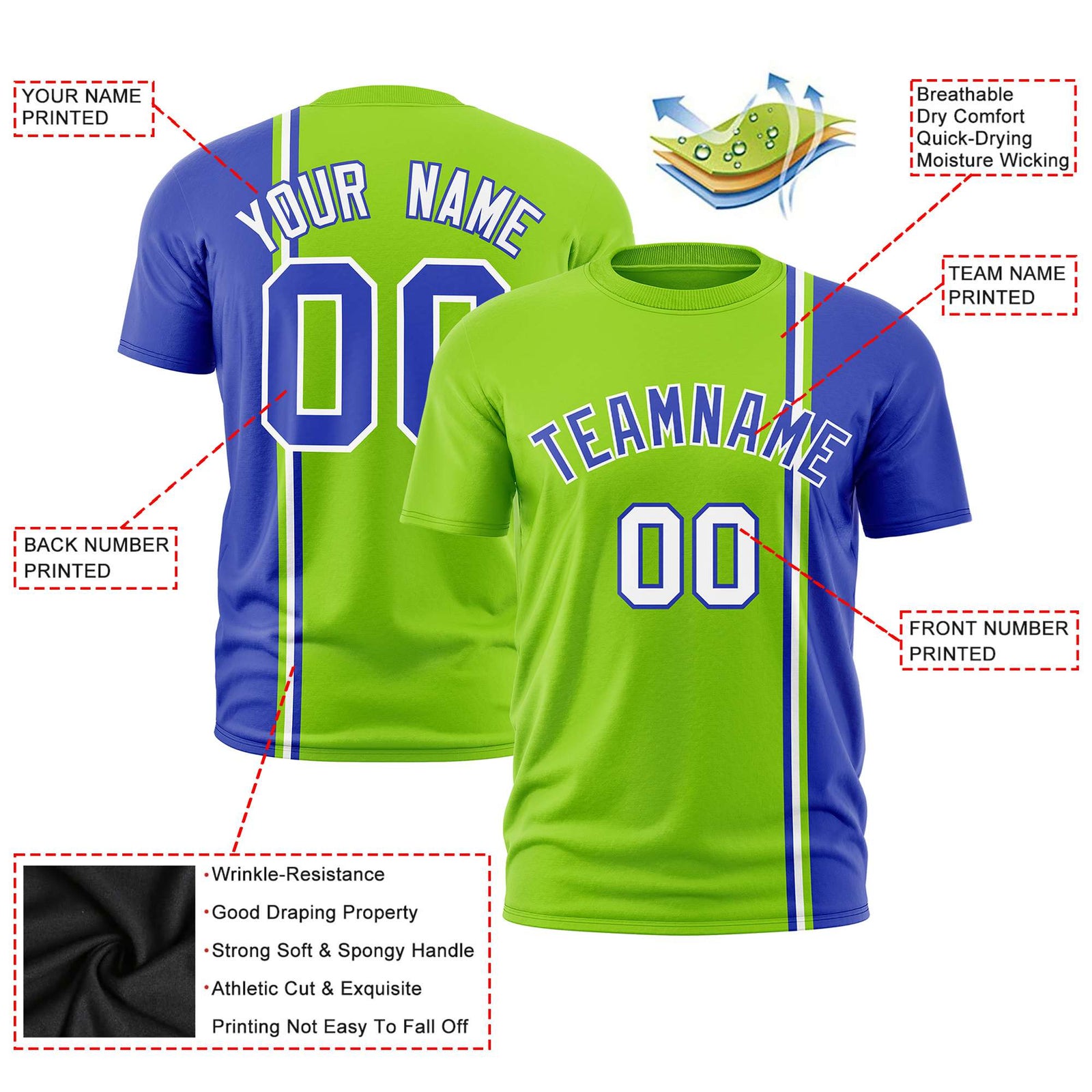 Custom Neon Green Royal Blue-White Crew neck Color Contrast Design T-Shirts