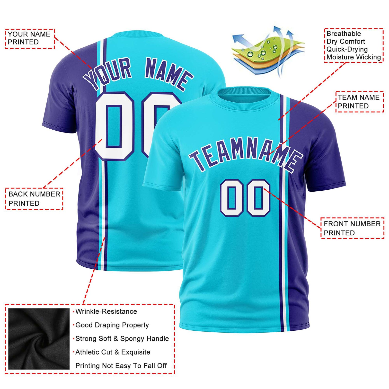 Custom Sky Blue Purple-White Crew neck Color Contrast Design T-Shirts