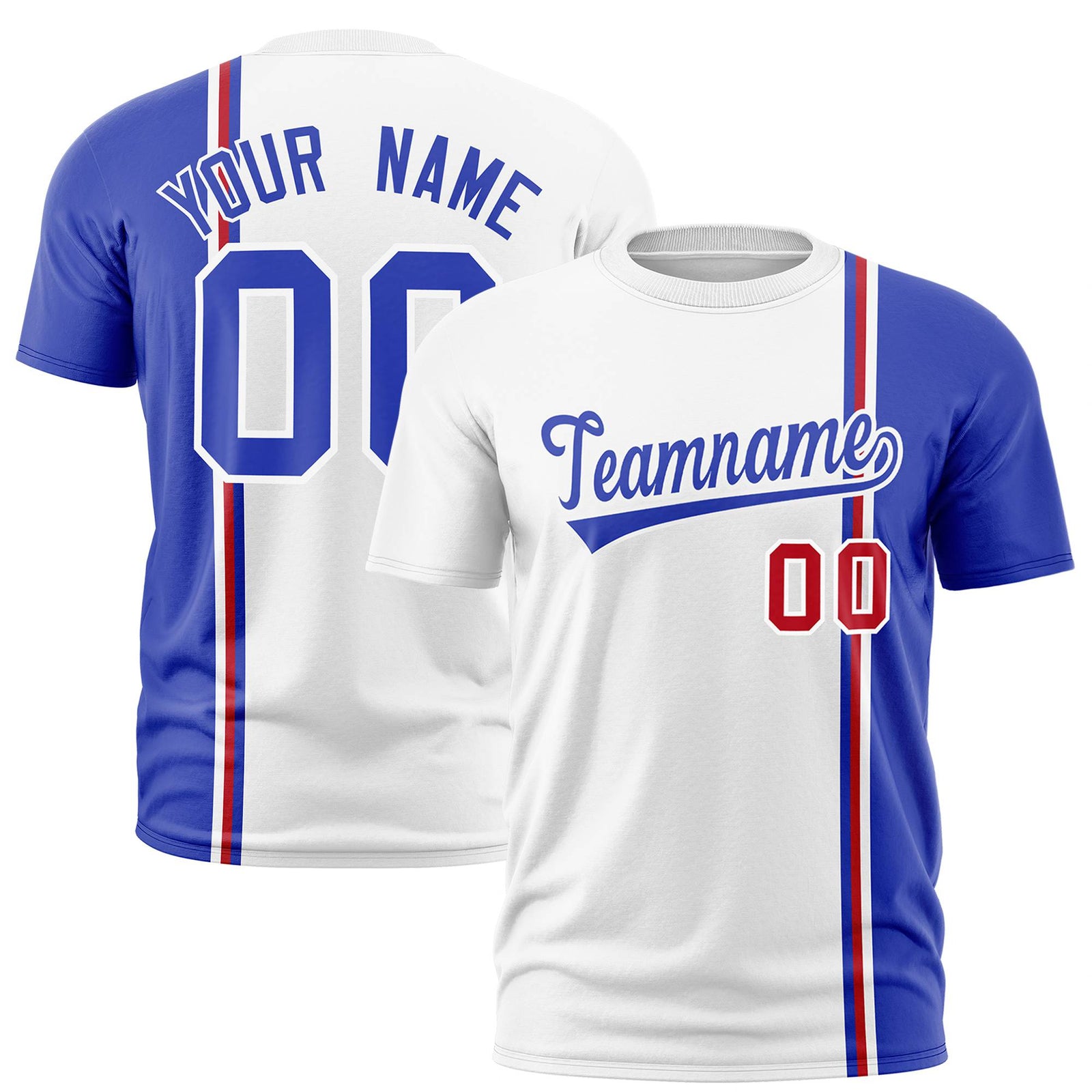 Custom White Royal Blue-Red Crew neck Color Contrast Design T-Shirts