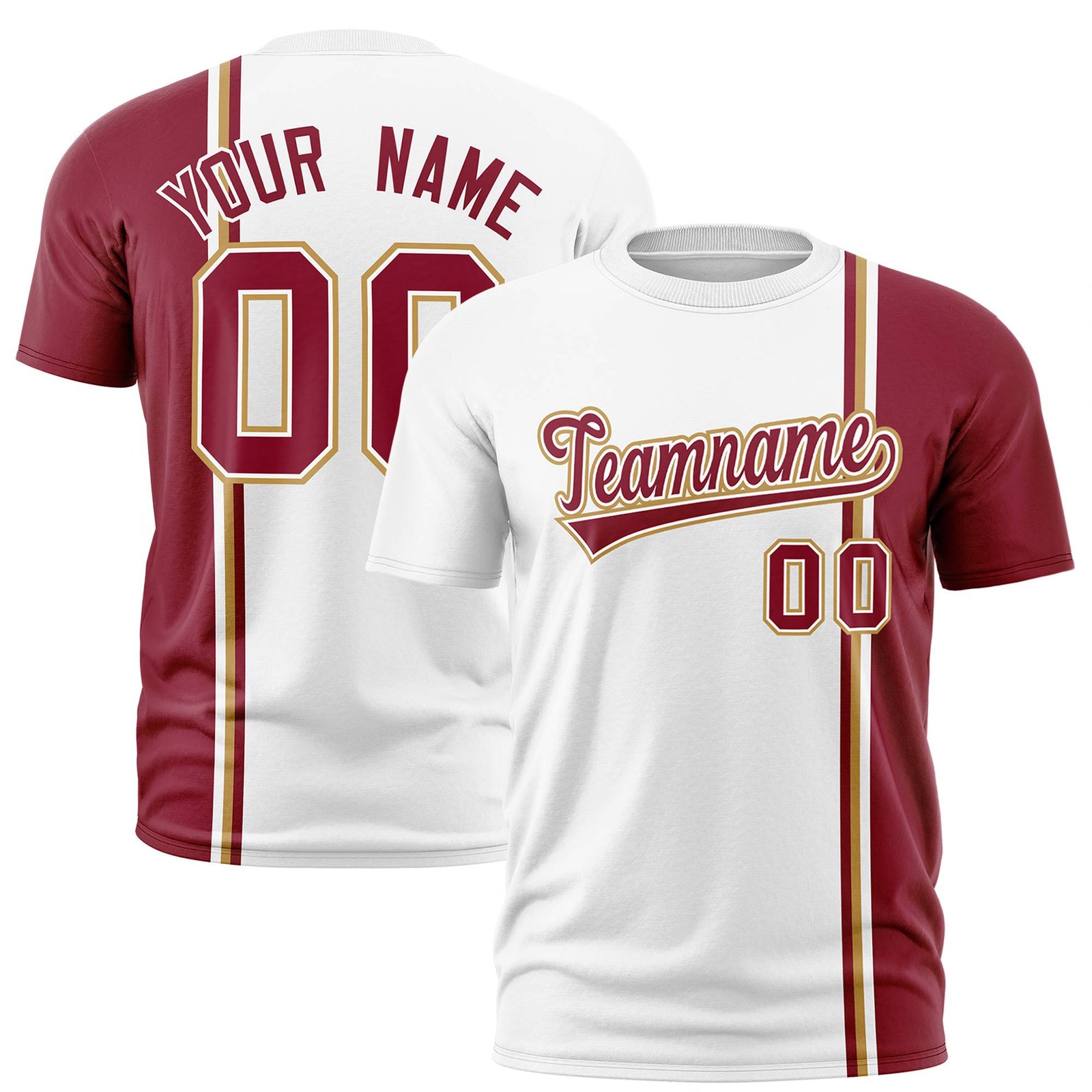Custom White Crimson-Gold Crew neck Color Contrast Design T-Shirts