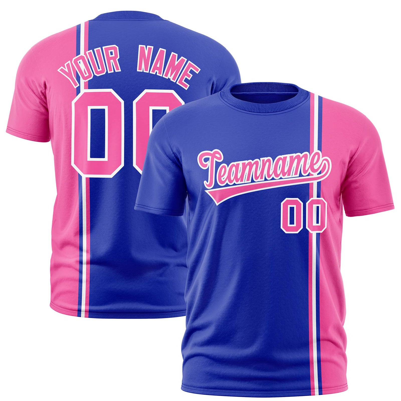 Custom Royal Blue Pink-White Crew neck Color Contrast Design T-Shirts