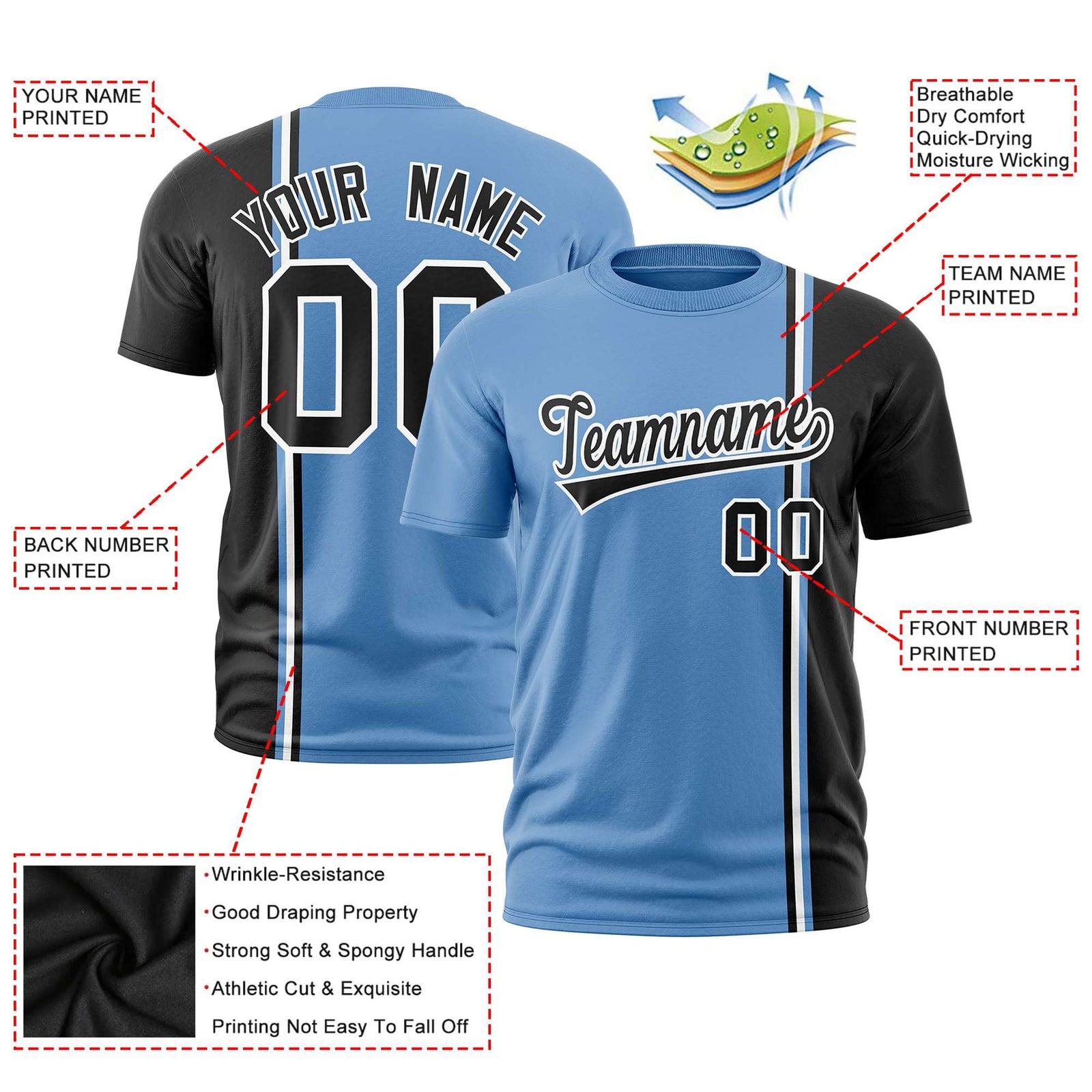 Custom Powder Blue Black-White Crew neck Color Contrast Design T-Shirts