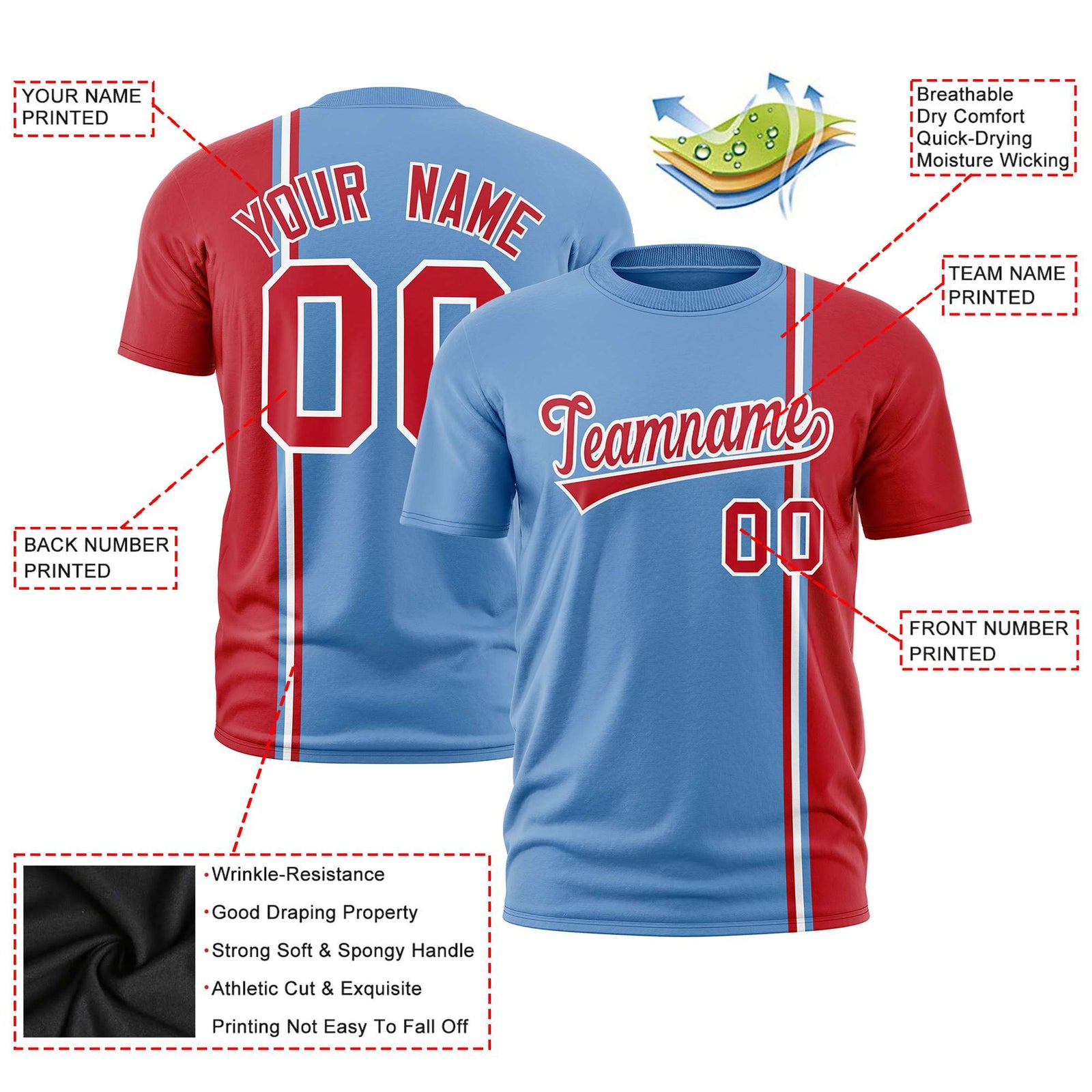 Custom Powder Blue Red-White Crew neck Color Contrast Design T-Shirts