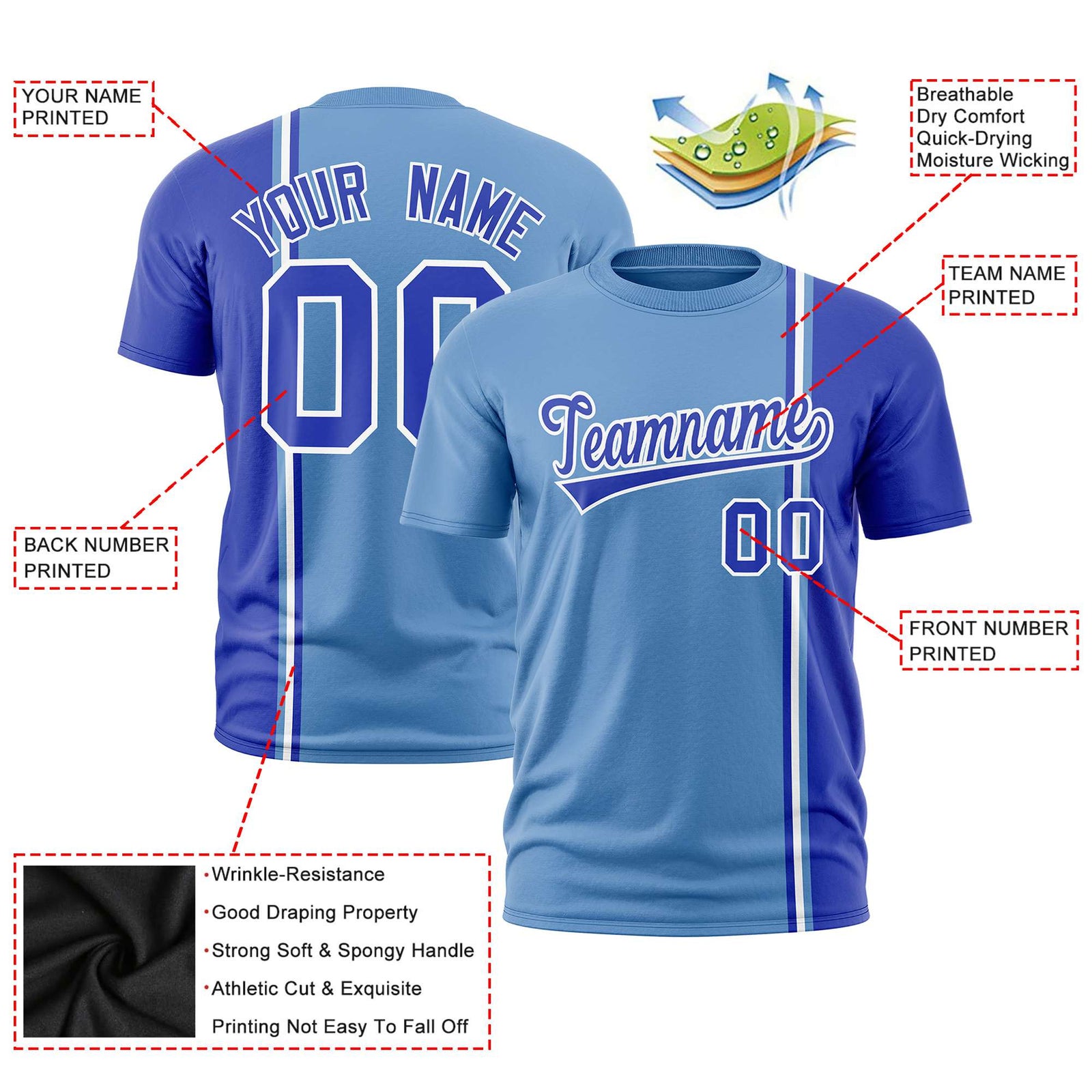 Custom Powder Blue Royal Blue-White Crew neck Color Contrast Design T-Shirts