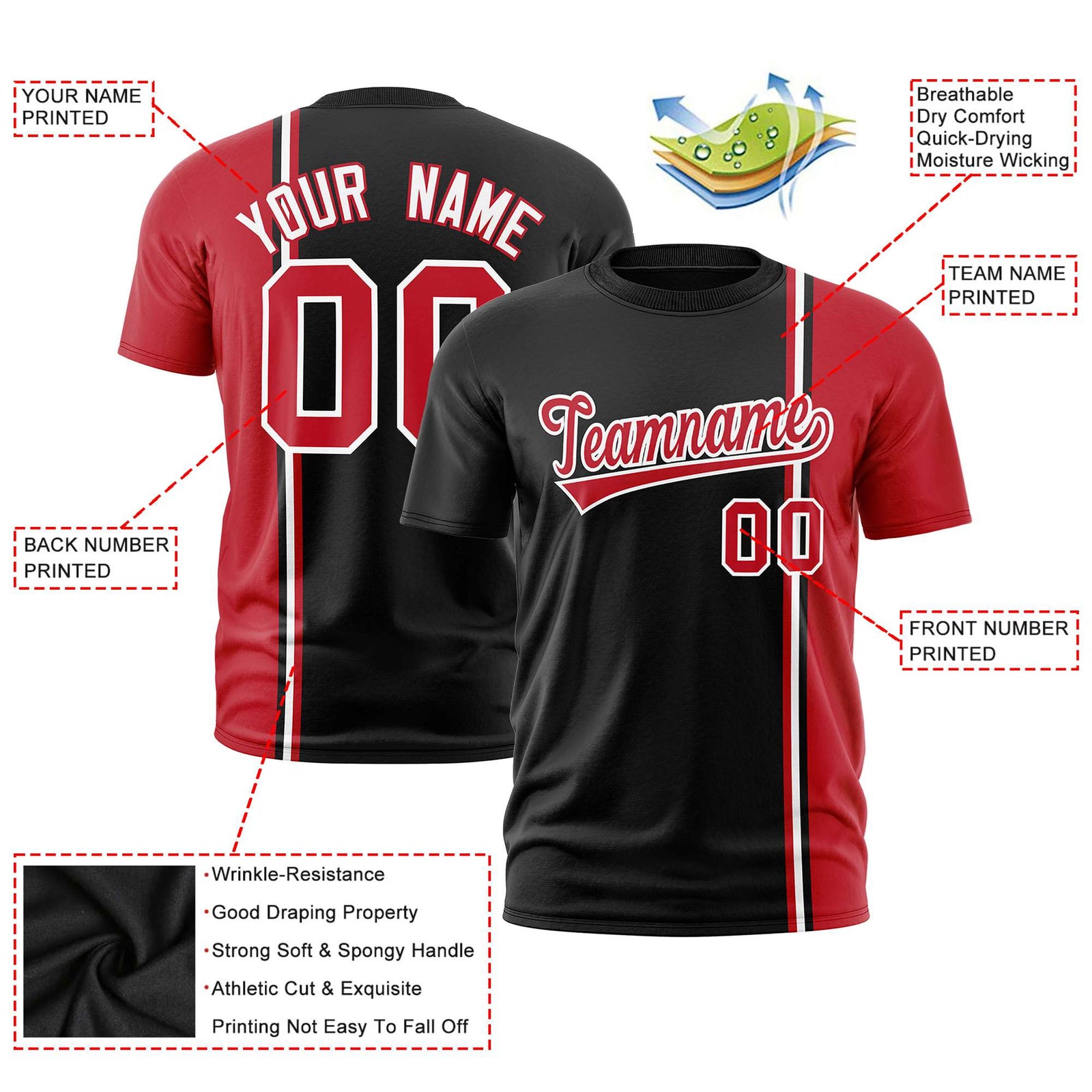 Custom Black Royal Red-White Crew neck Color Contrast Design T-Shirts
