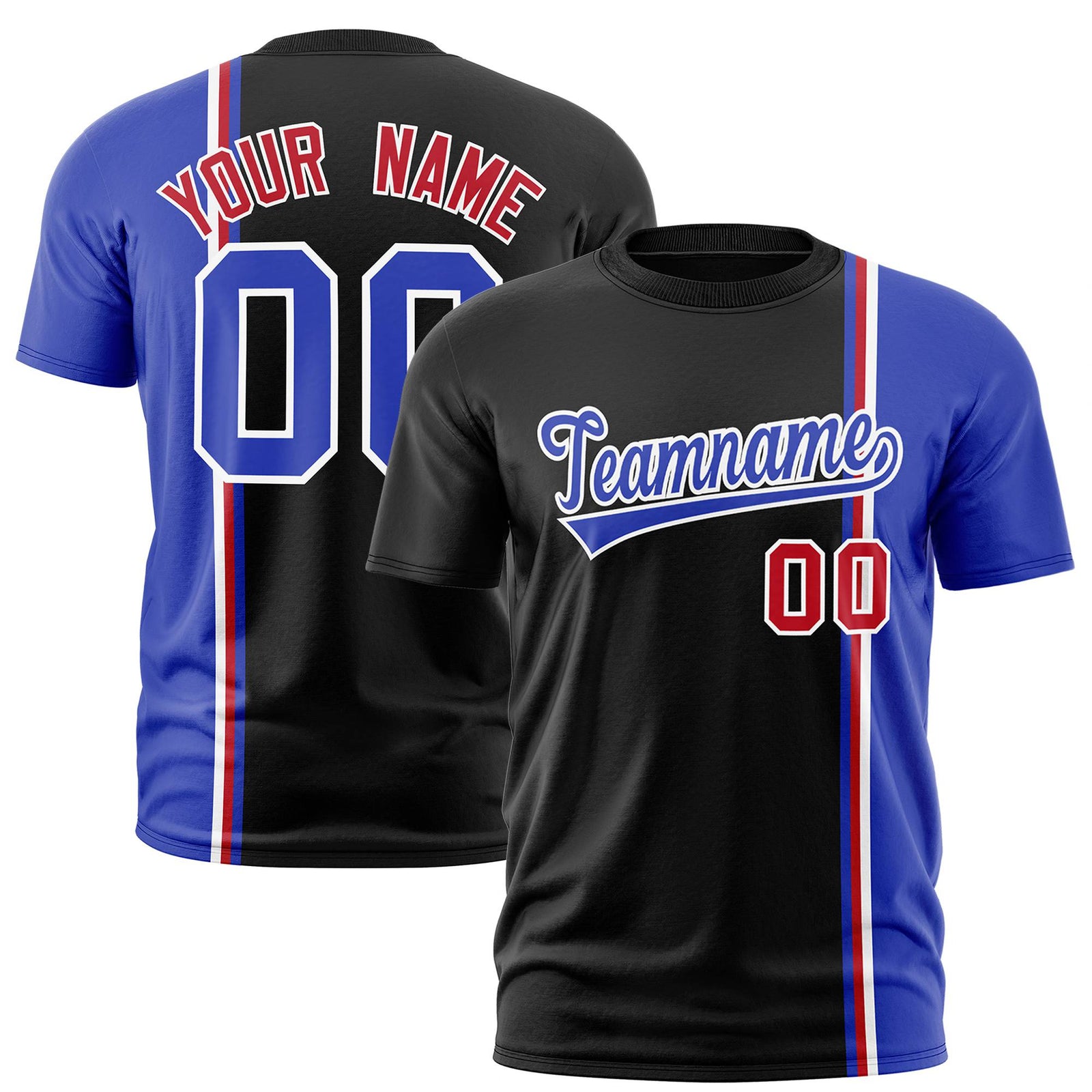 Custom Black Royal Blue-White Crew neck Color Contrast Design T-Shirts