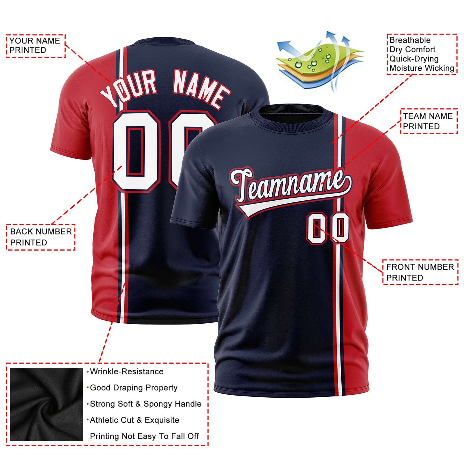Custom Navy Red-White Crew neck Color Contrast Design T-Shirts