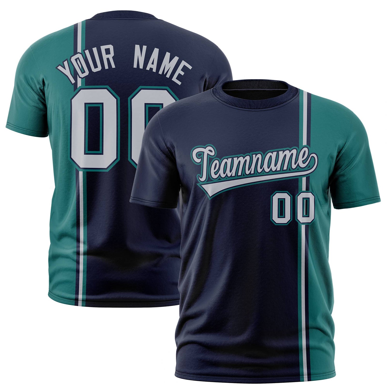 Custom Navy Aqua-White Crew neck Color Contrast Design T-Shirts