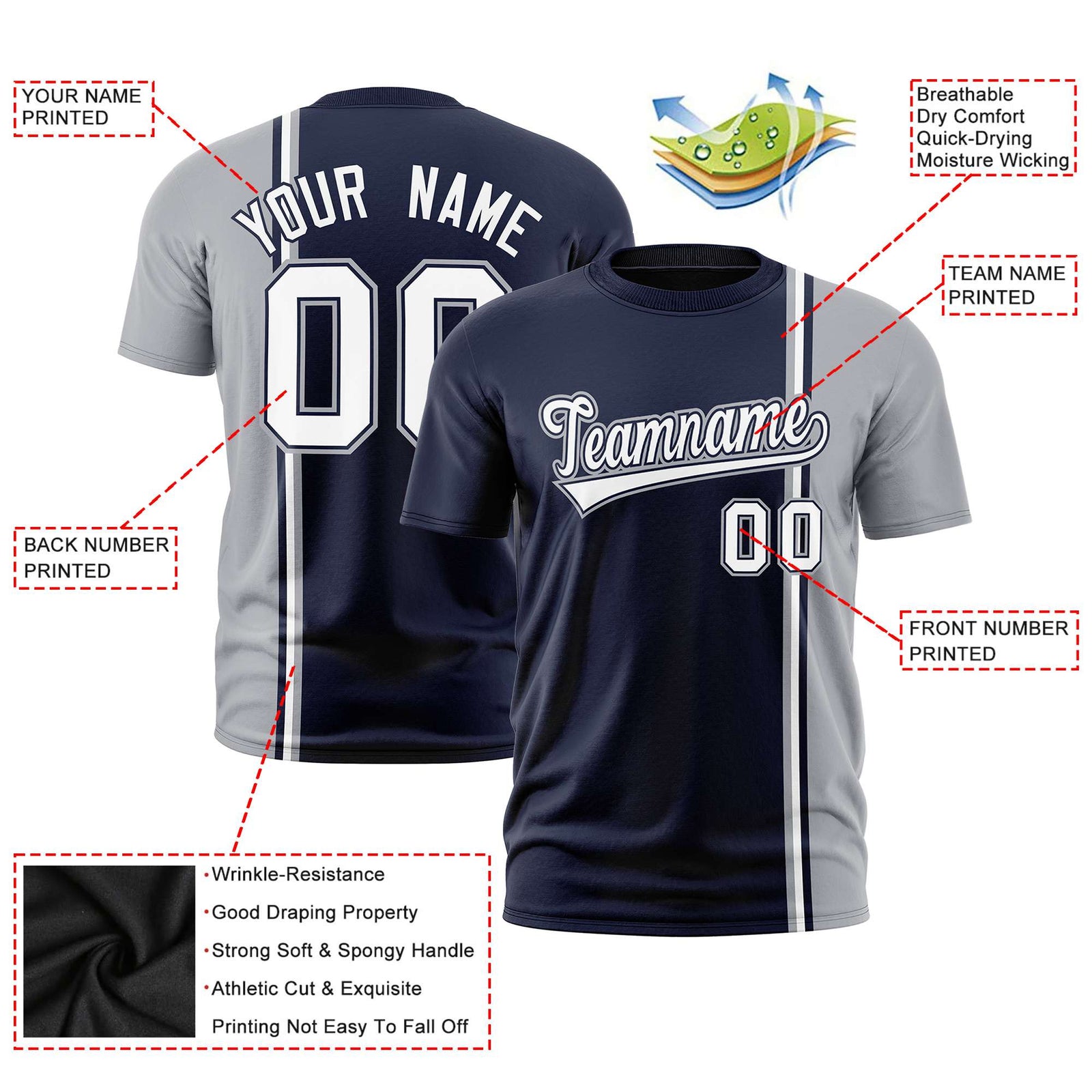 Custom Navy Gray-White Crew neck Color Contrast Design T-Shirts