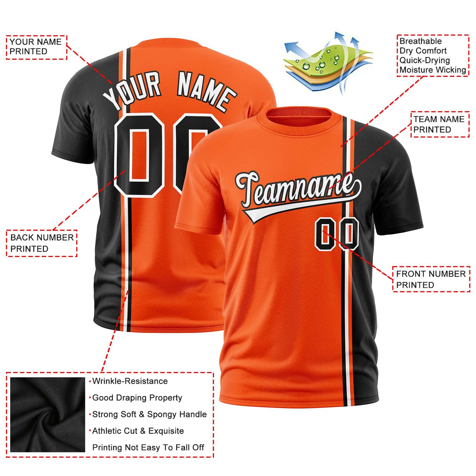 Custom Orange Black-White Crew neck Color Contrast Design T-Shirts