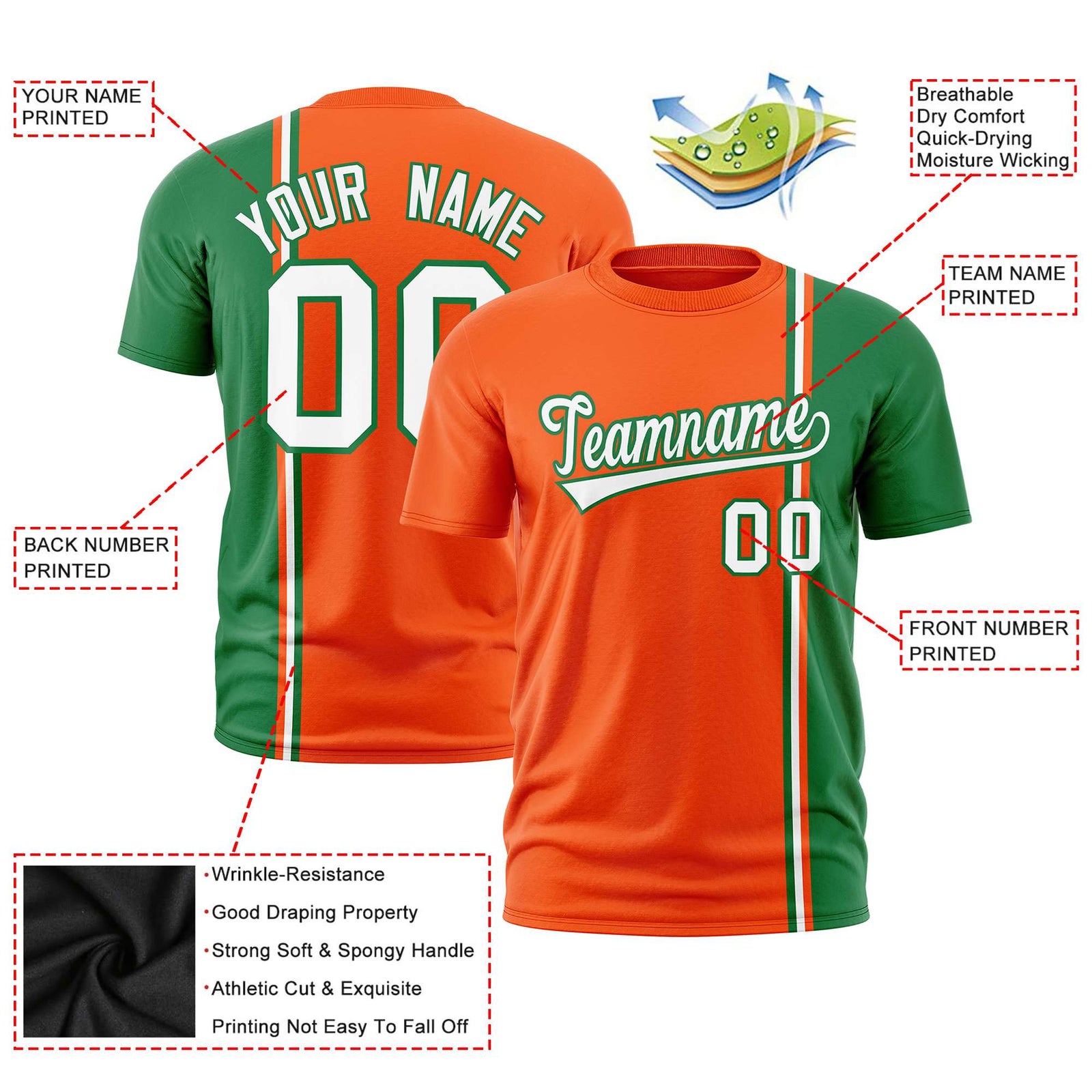 Custom Orange Kelly Green-White Crew neck Color Contrast Design T-Shirts