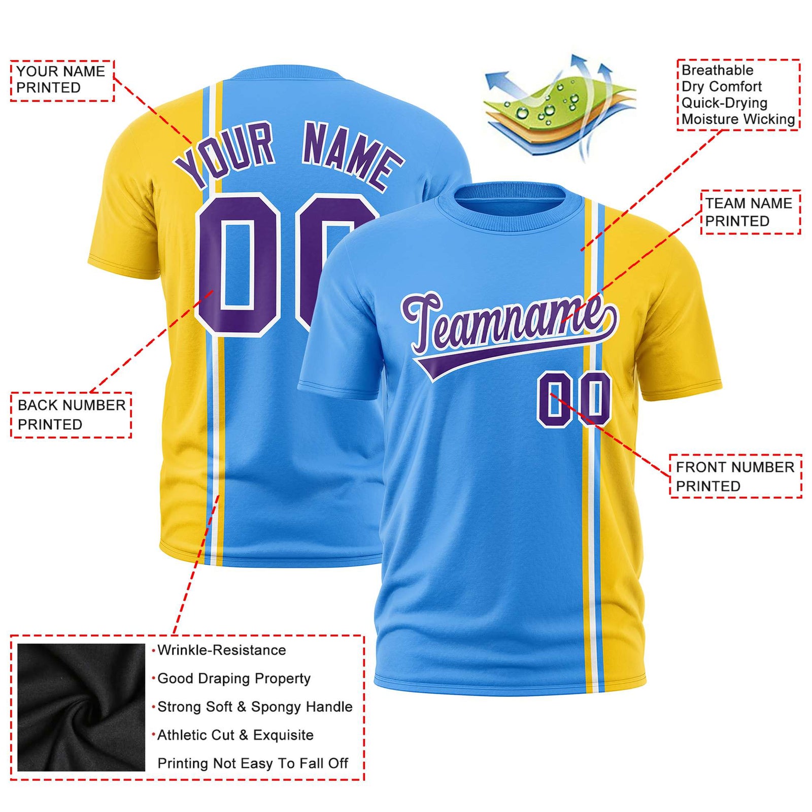 Custom Powder Blue Gold-01 White Crew neck Color Contrast Design T-Shirts