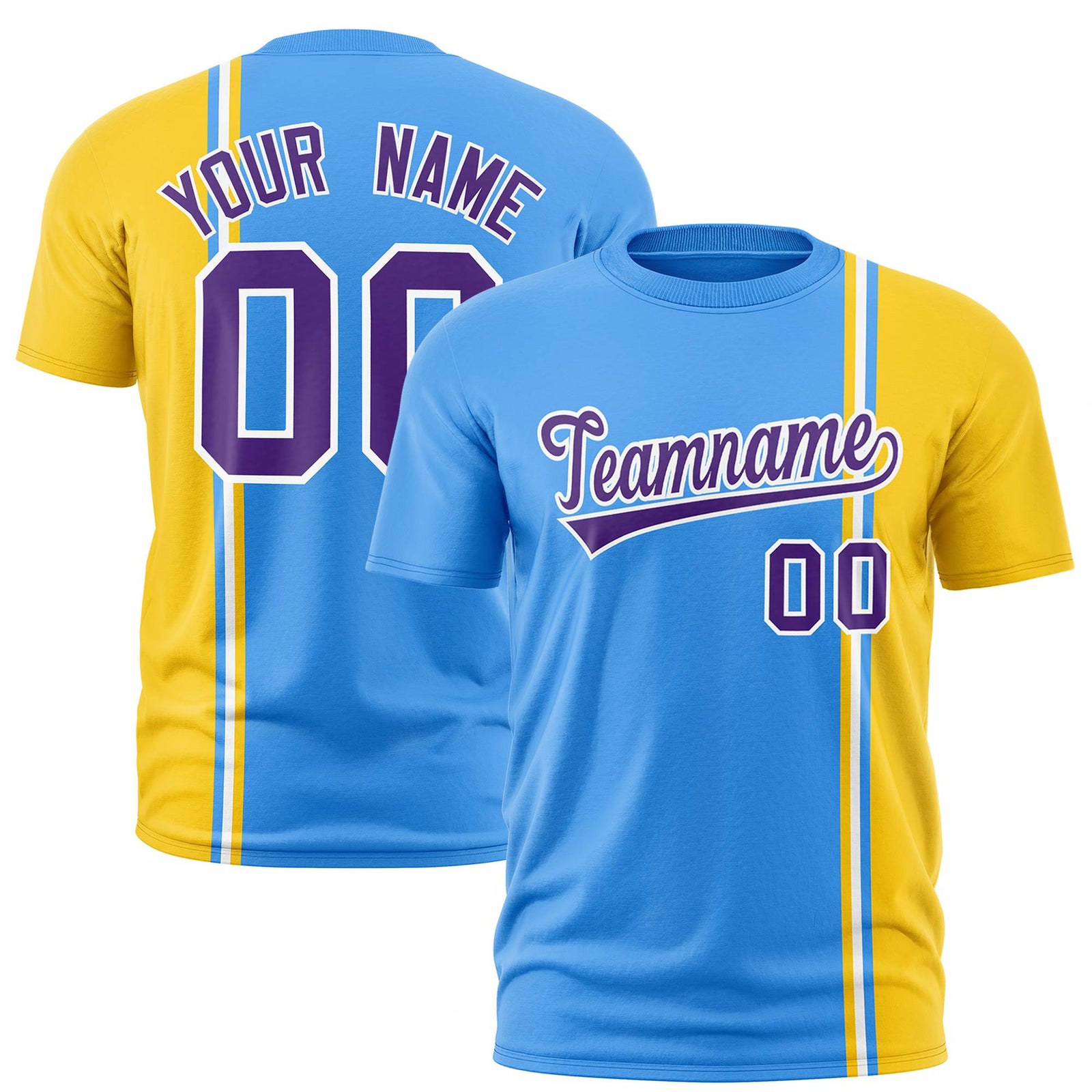 Custom Powder Blue Gold-01 White Crew neck Color Contrast Design T-Shirts