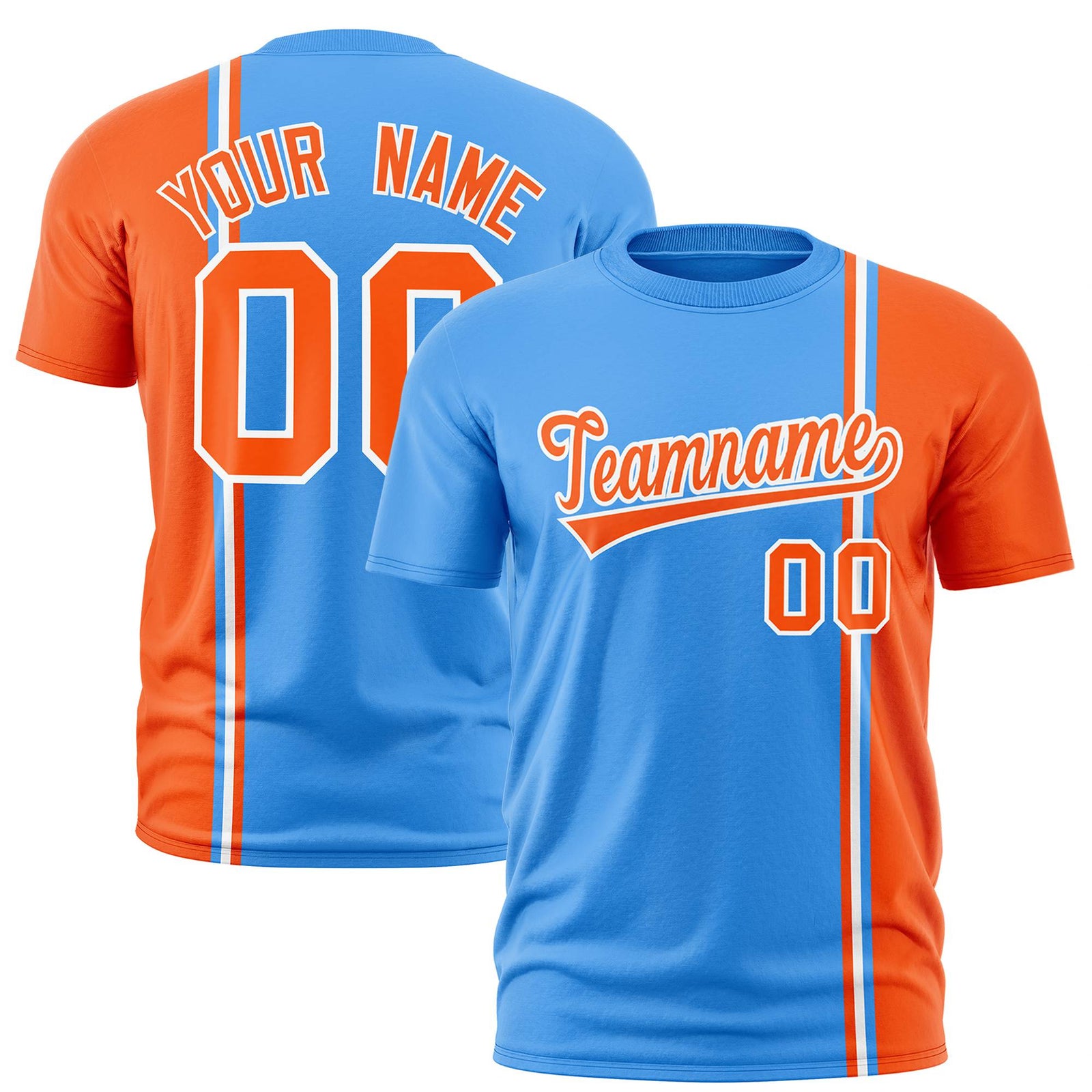 Custom Powder Blue Orange-White Crew neck Color Contrast Design T-Shirts