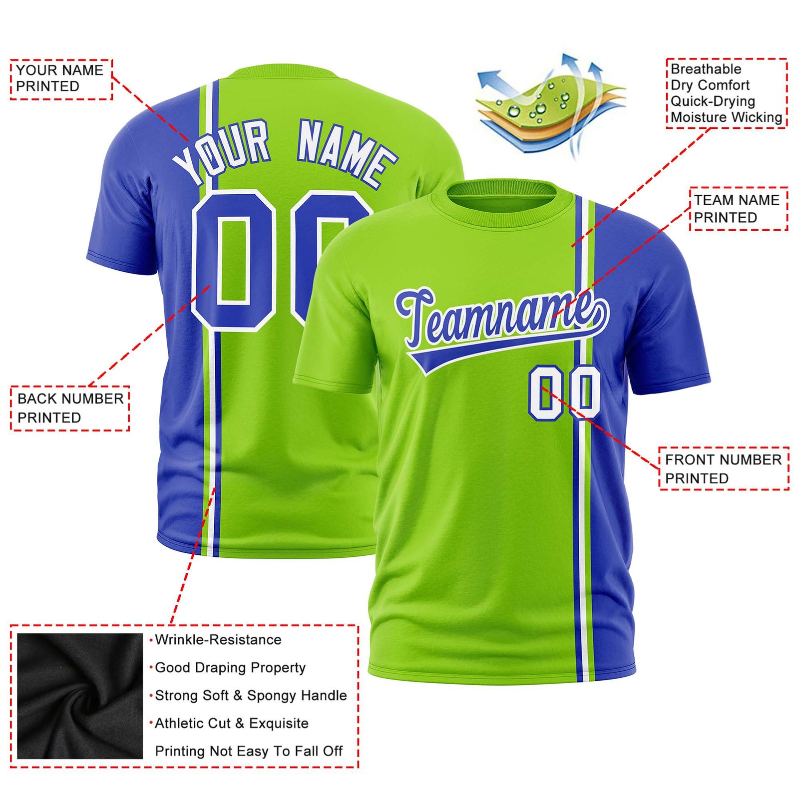 Custom Neon Green Royal Blue-White Crew neck Color Contrast Design T-Shirts