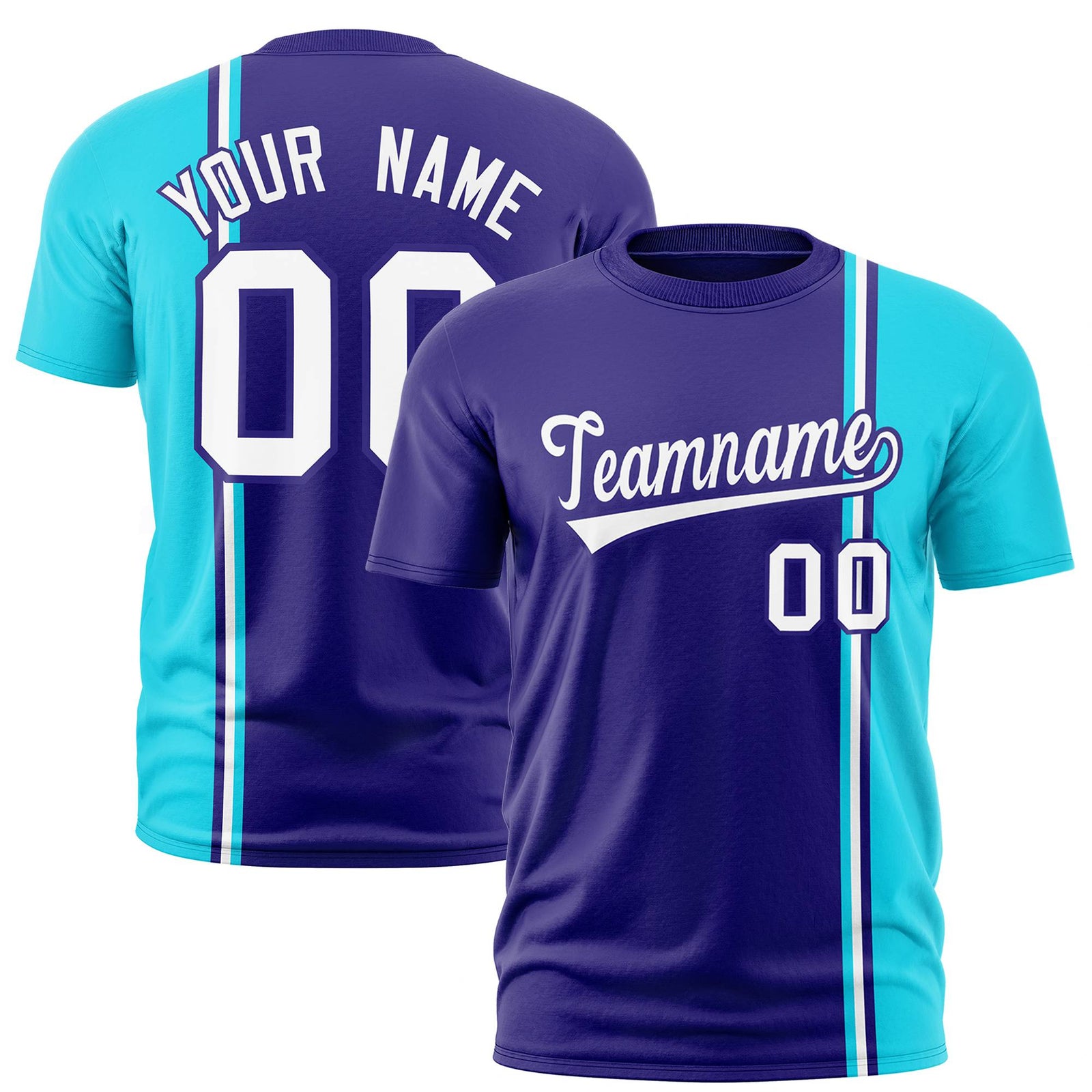 Custom Purple Sky Blue-White Crew neck Color Contrast Design T-Shirts