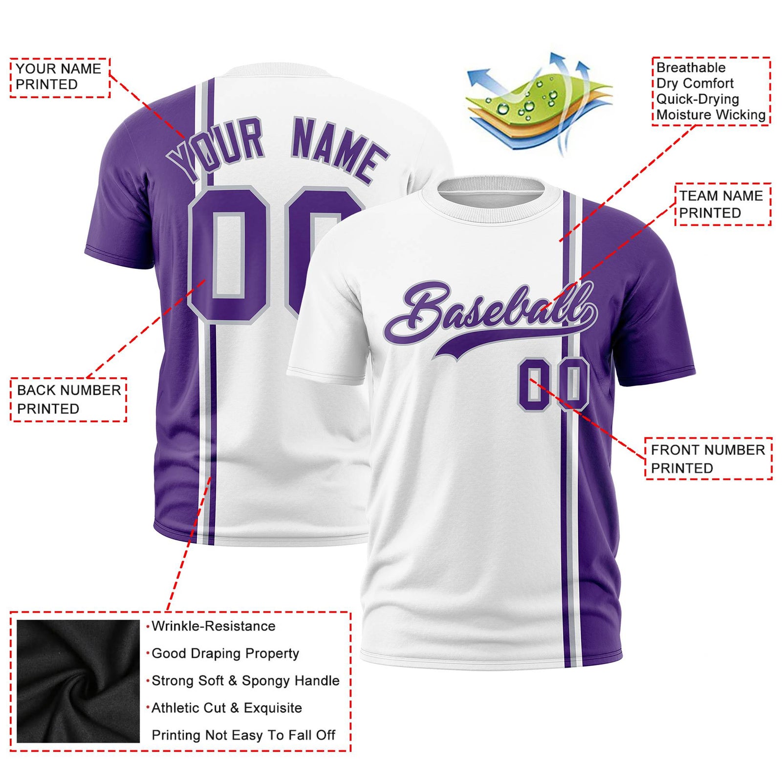 Custom White Purple-Gray Crew neck Color Contrast Design T-Shirts