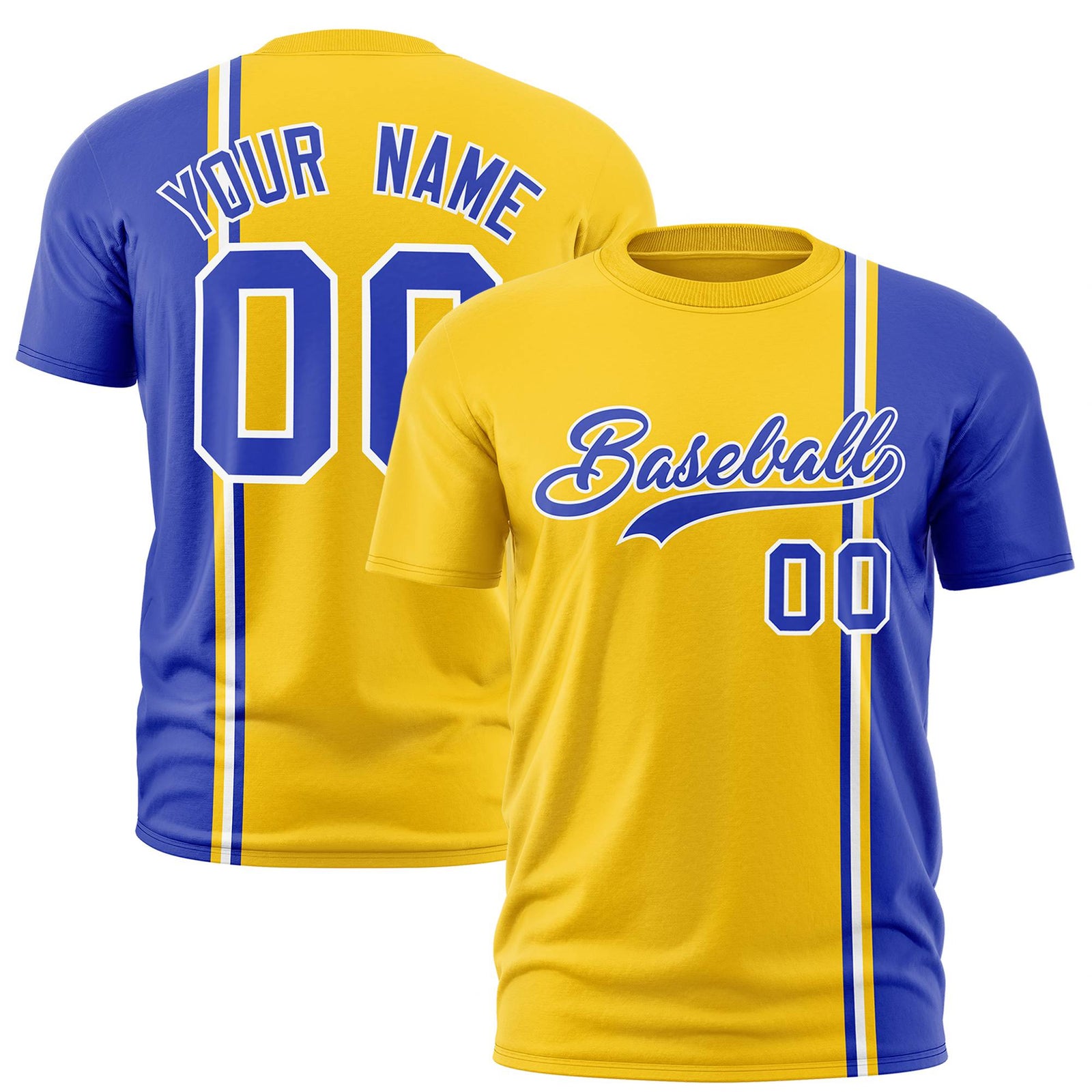 Custom Gold-01 Royal Blue-White Crew neck Color Contrast Design T-Shirts