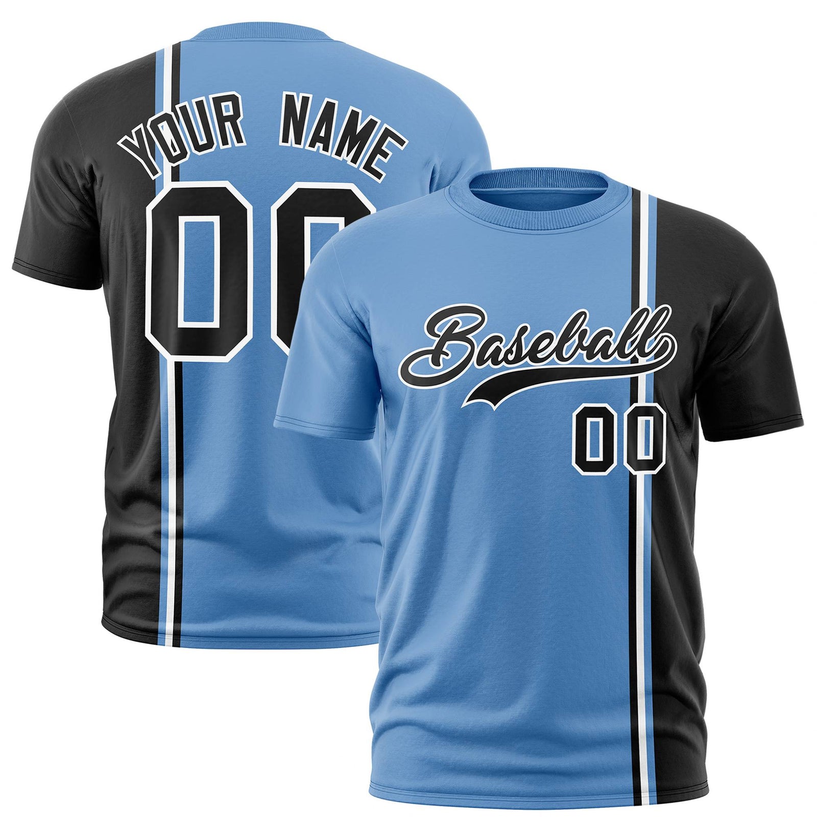 Custom Powder Blue Black-White Crew neck Color Contrast Design T-Shirts