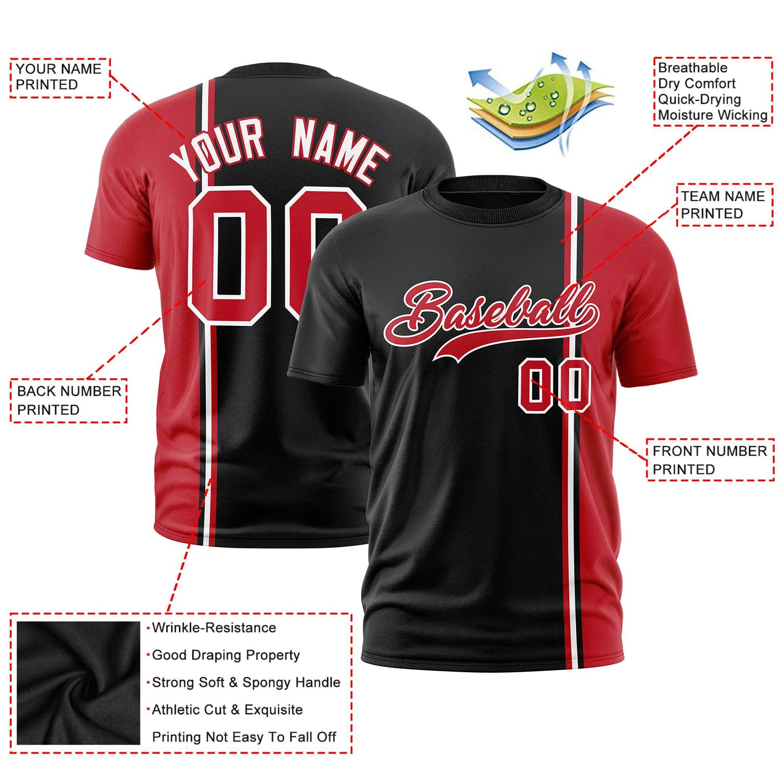 Custom Black Royal Red-White Crew neck Color Contrast Design T-Shirts