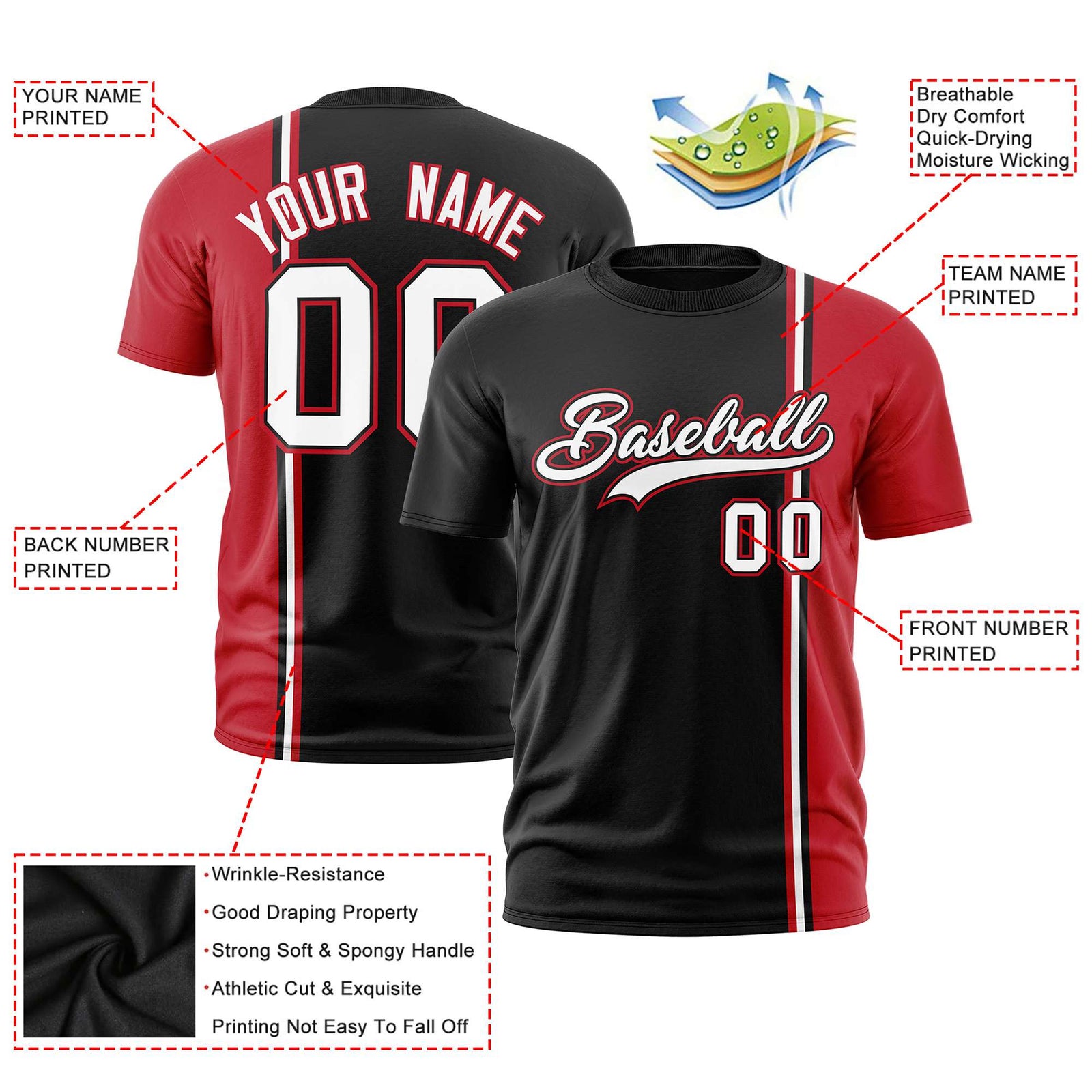Custom Black Red-White Crew neck Color Contrast Design T-Shirts