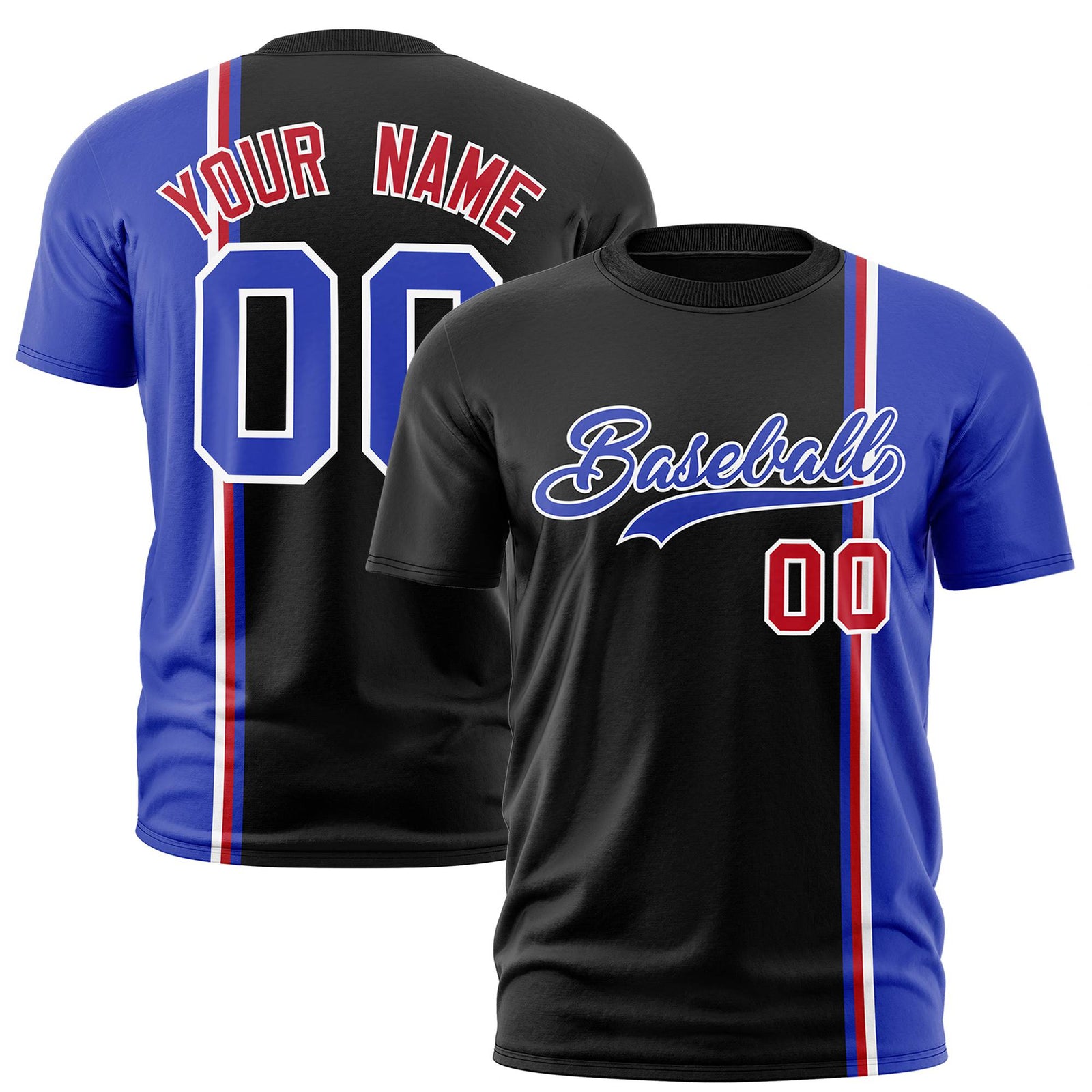 Custom Black Royal Blue-White Crew neck Color Contrast Design T-Shirts