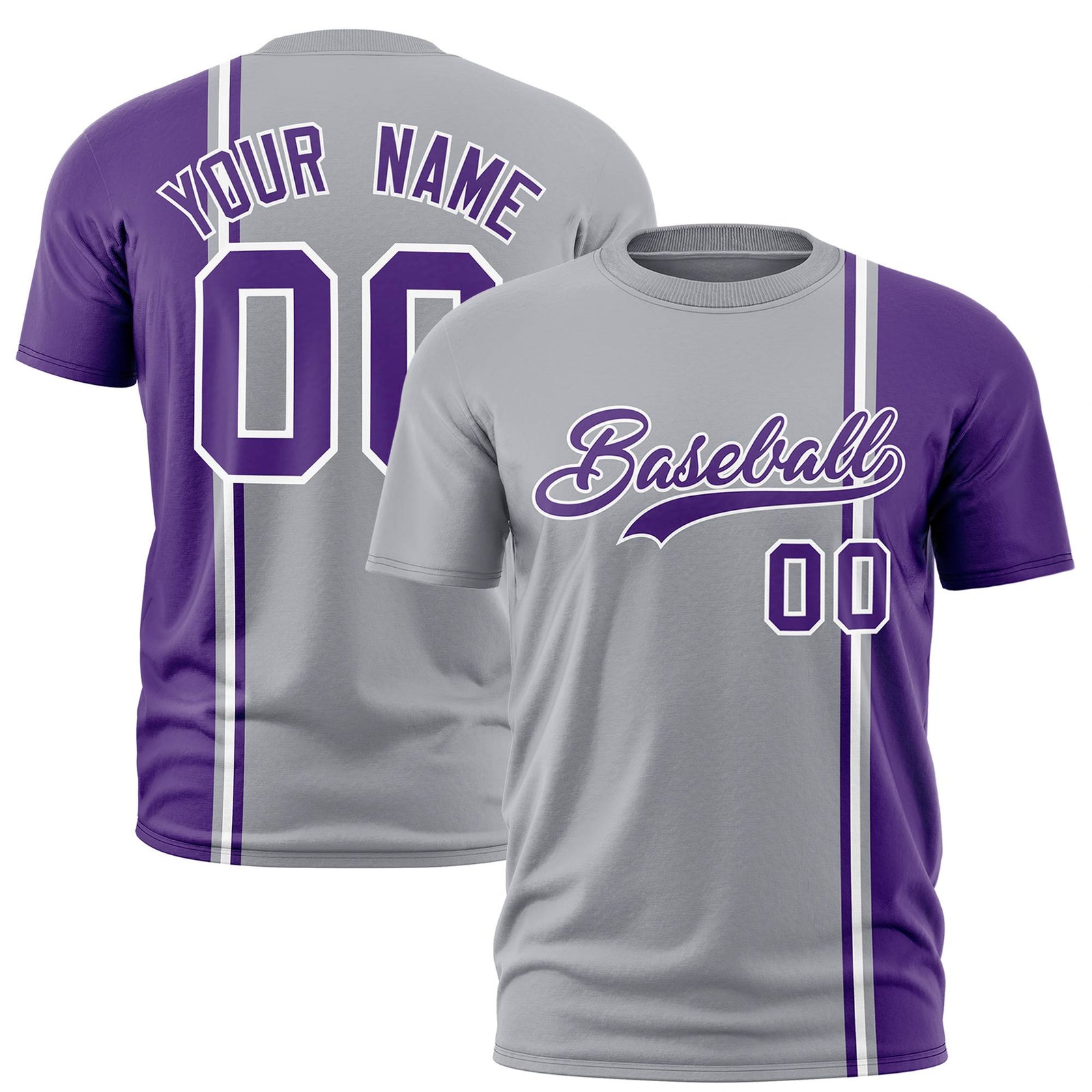Custom Gray Purple-White Crew neck Color Contrast Design T-Shirts