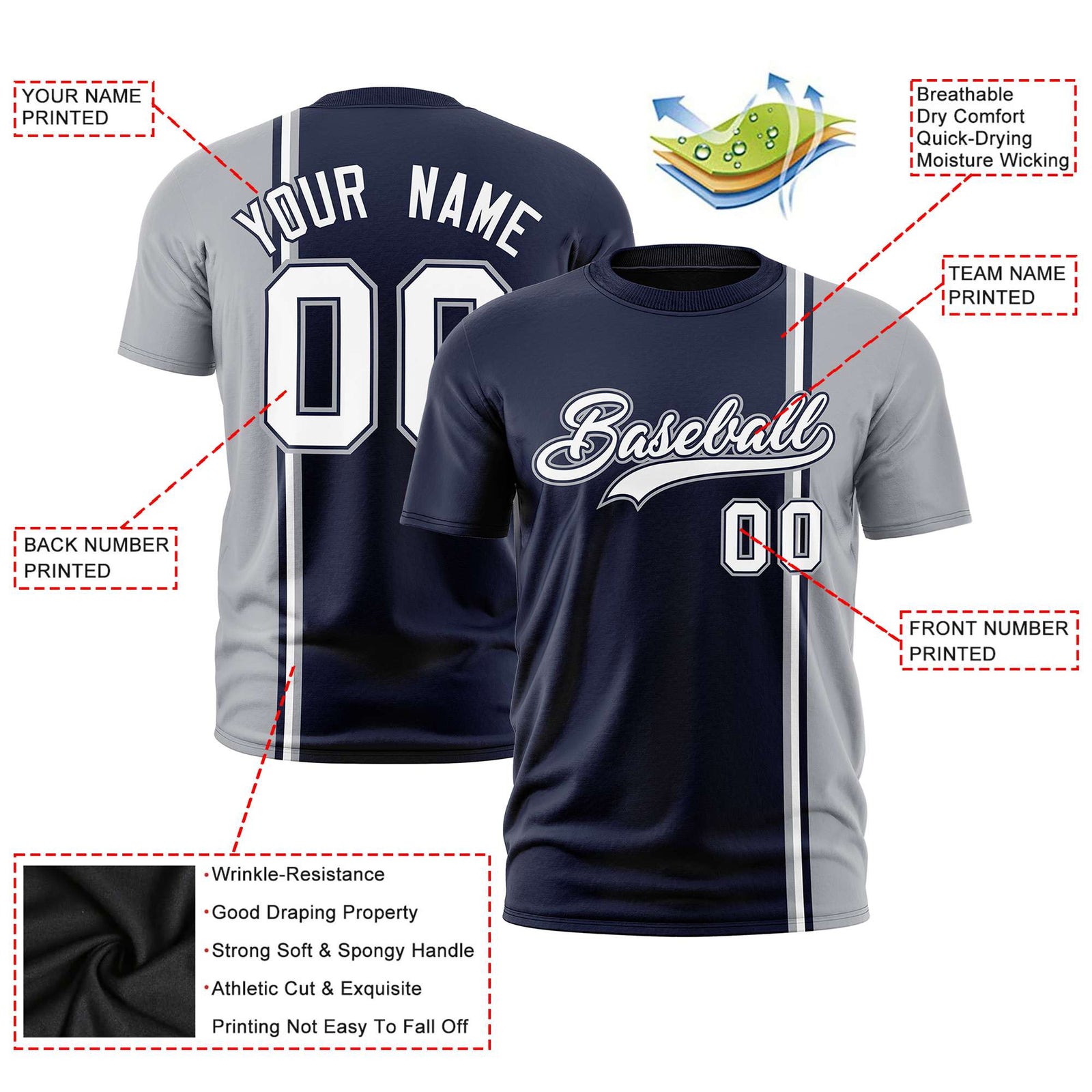 Custom Navy Gray-White Crew neck Color Contrast Design T-Shirts