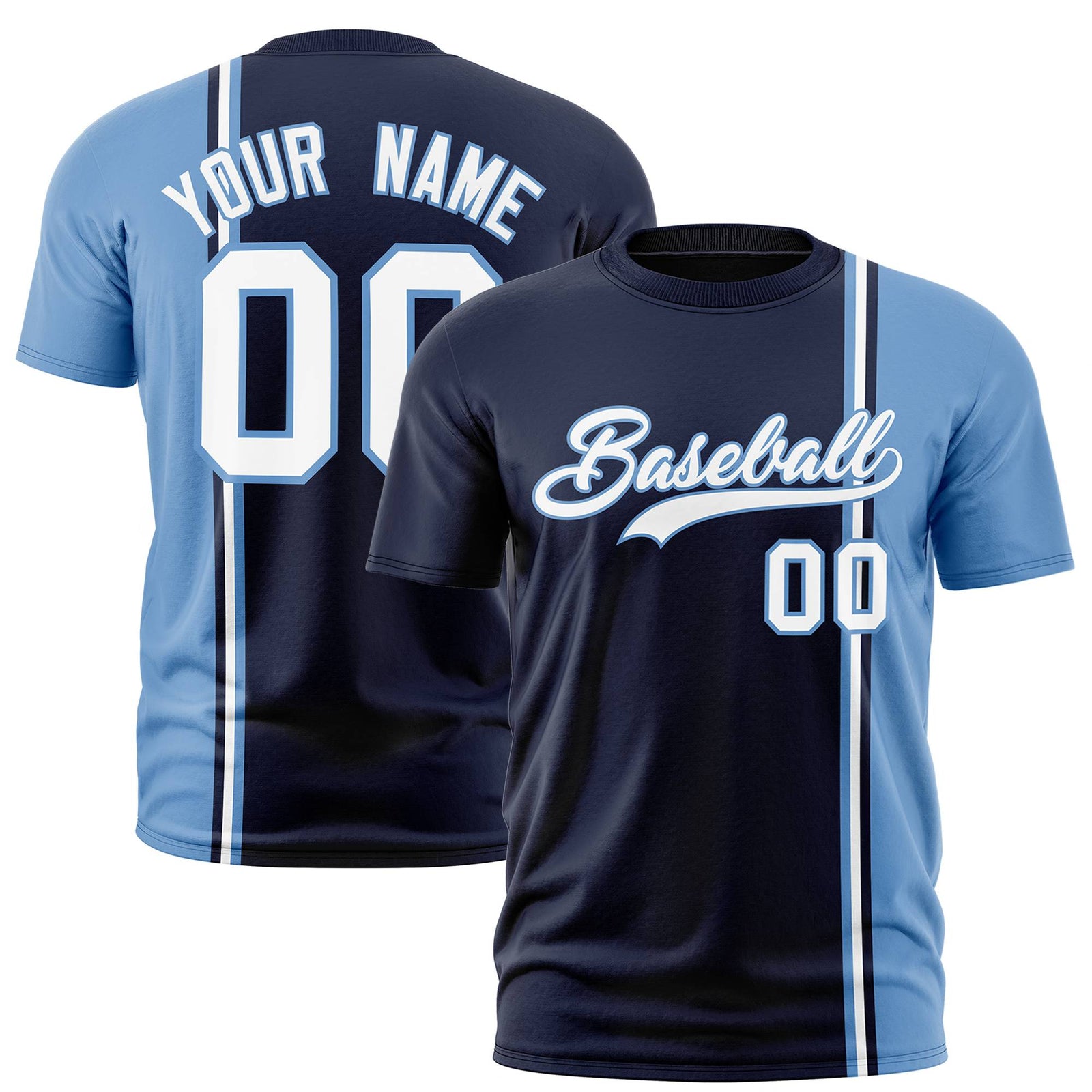 Custom Navy Powder Blue-White Crew neck Color Contrast Design T-Shirts