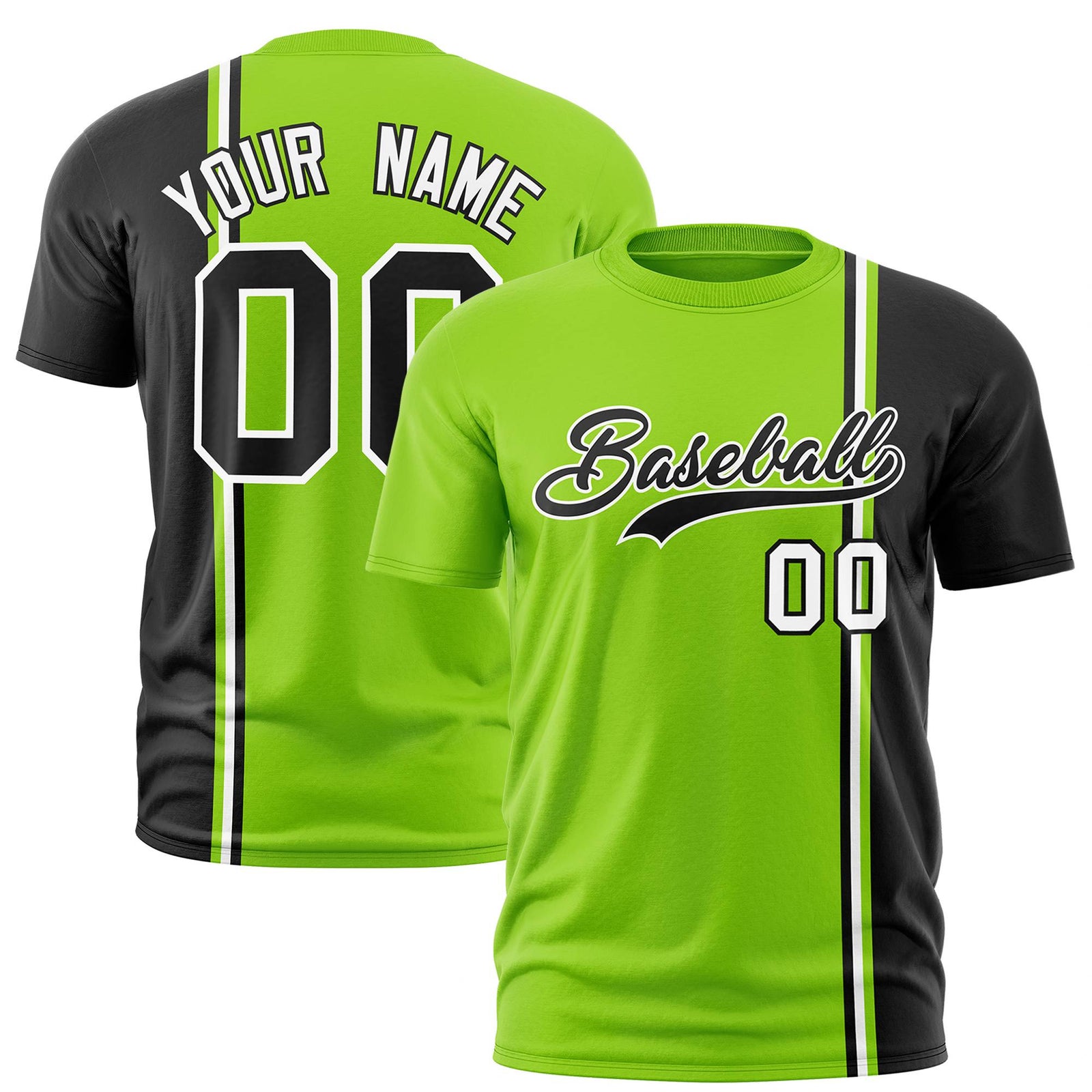 Custom Neon Green Black-White Crew neck Color Contrast Design T-Shirts
