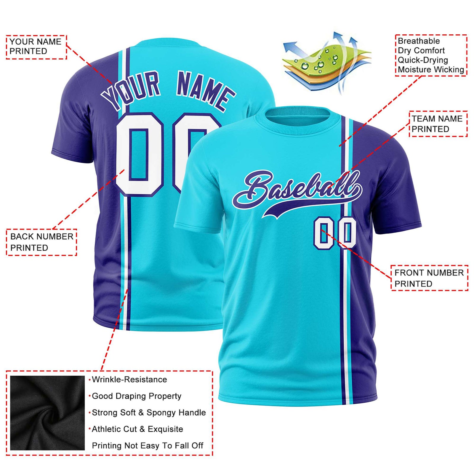 Custom Sky Blue Purple-White Crew neck Color Contrast Design T-Shirts
