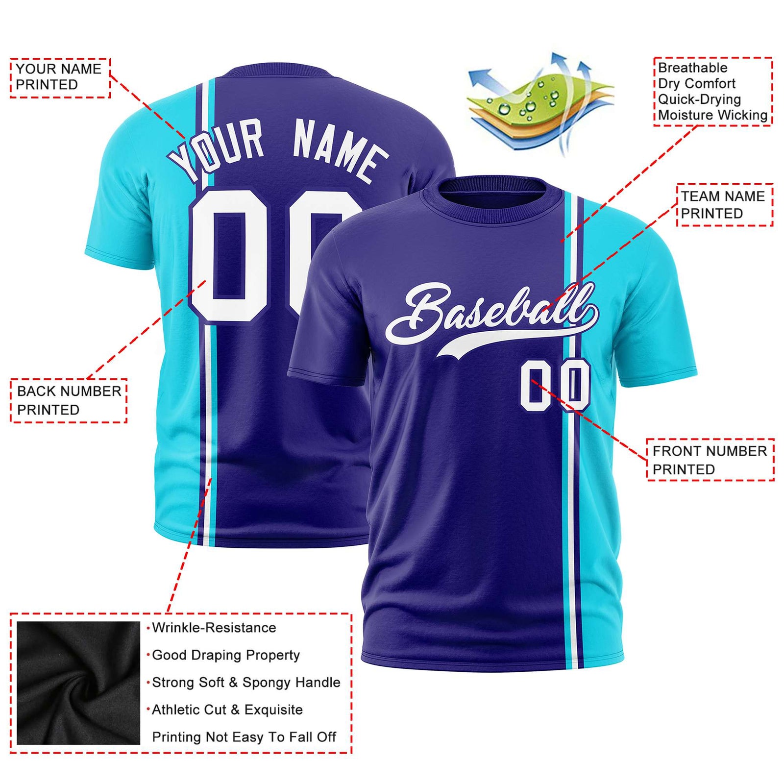 Custom Purple Sky Blue-White Crew neck Color Contrast Design T-Shirts