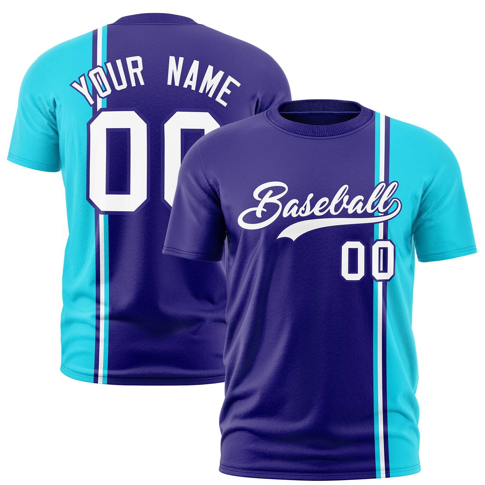 Custom Purple Sky Blue-White Crew neck Color Contrast Design T-Shirts