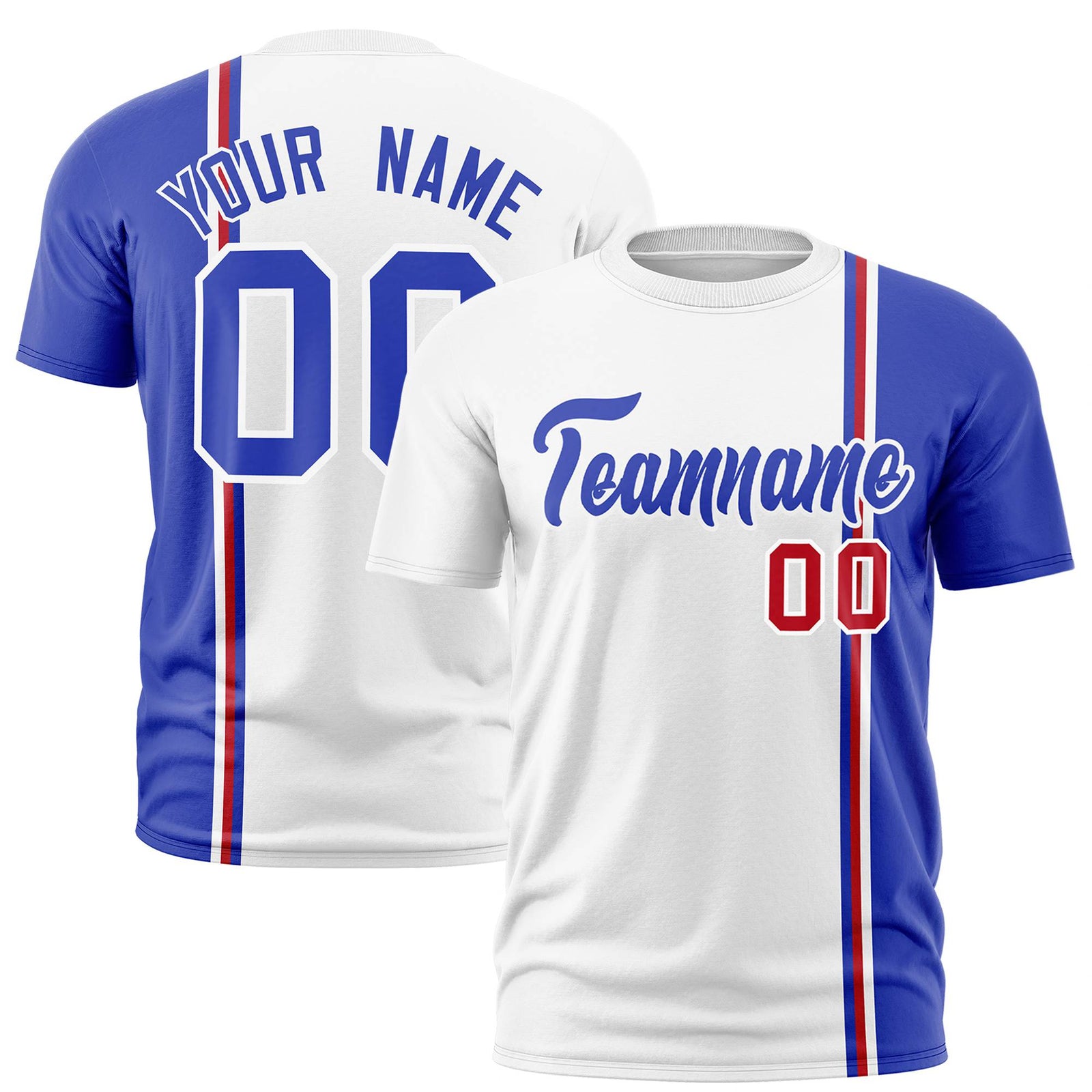 Custom White Royal Blue-Red Crew neck Color Contrast Design T-Shirts