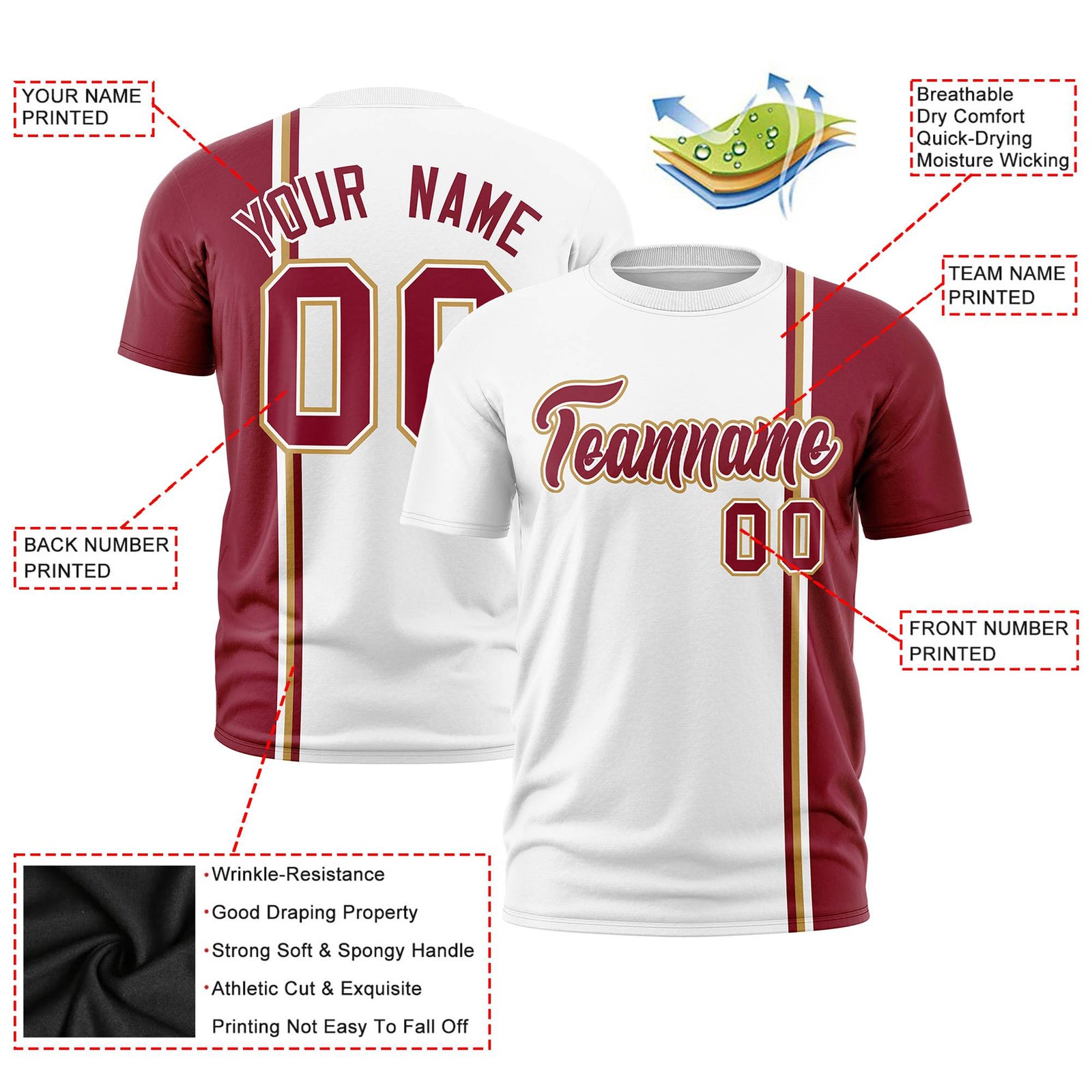 Custom White Crimson-Gold Crew neck Color Contrast Design T-Shirts