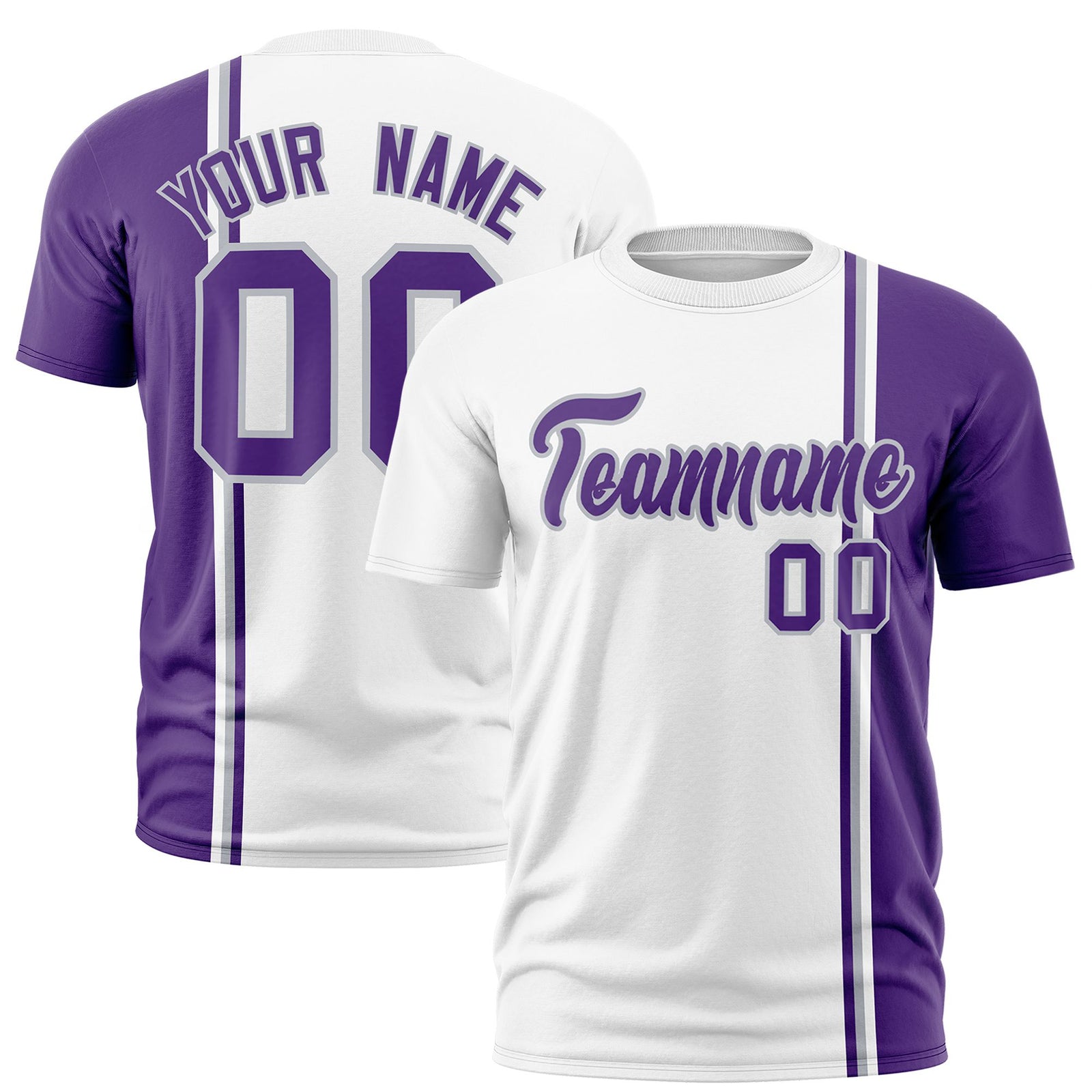 Custom White Purple-Gray Crew neck Color Contrast Design T-Shirts