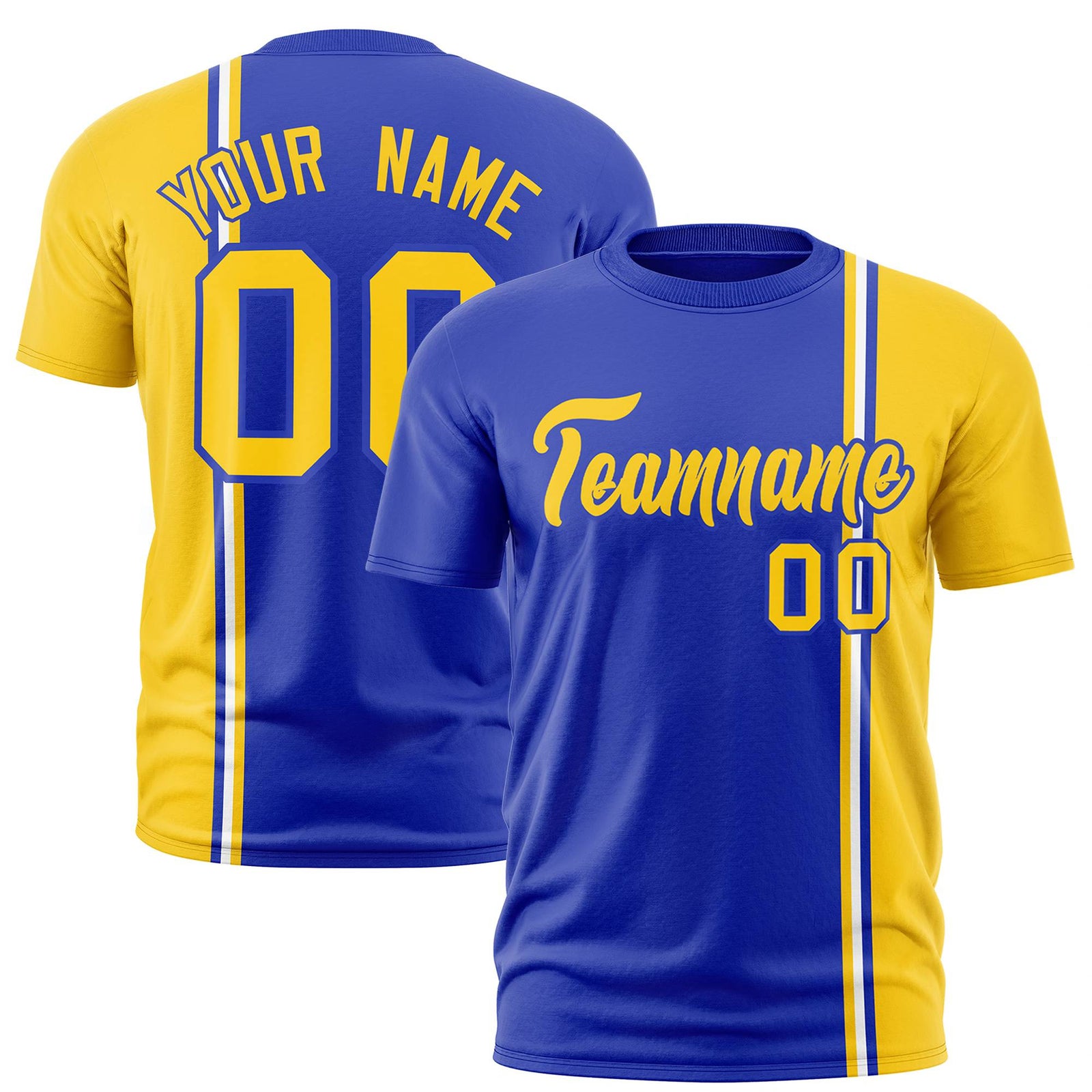 Custom Royal Blue Gold-01 White Crew neck Color Contrast Design T-Shirts